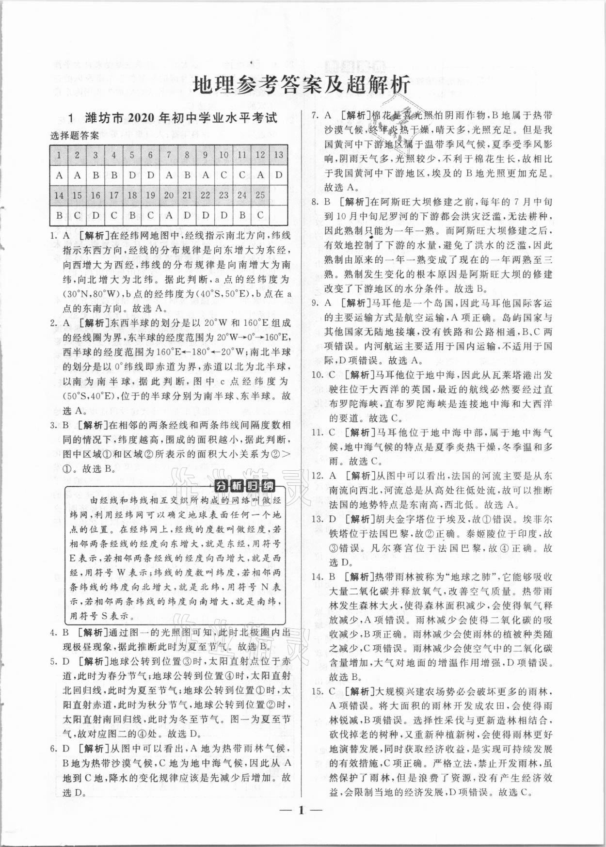 2021年中考試題匯編與解析地理山東專版 參考答案第1頁
