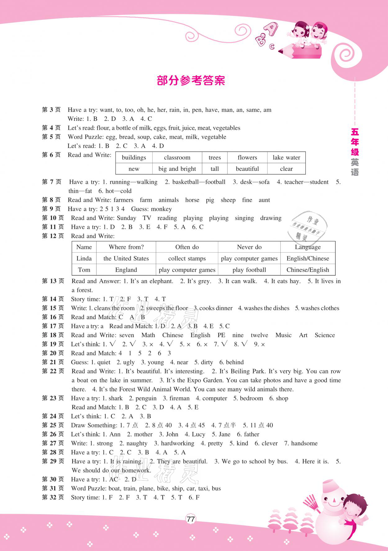 2021年新課程寒假BOOK五年級英語遼海出版社 參考答案第1頁