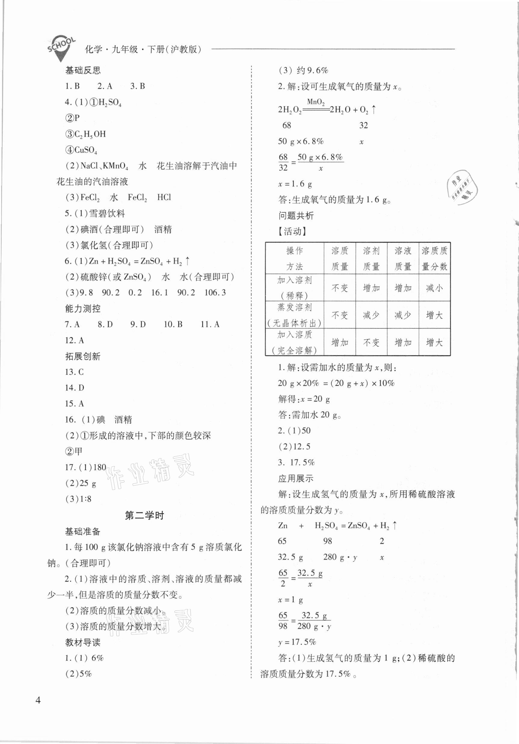 2021年新课程问题解决导学方案九年级化学下册沪教版 参考答案第4页