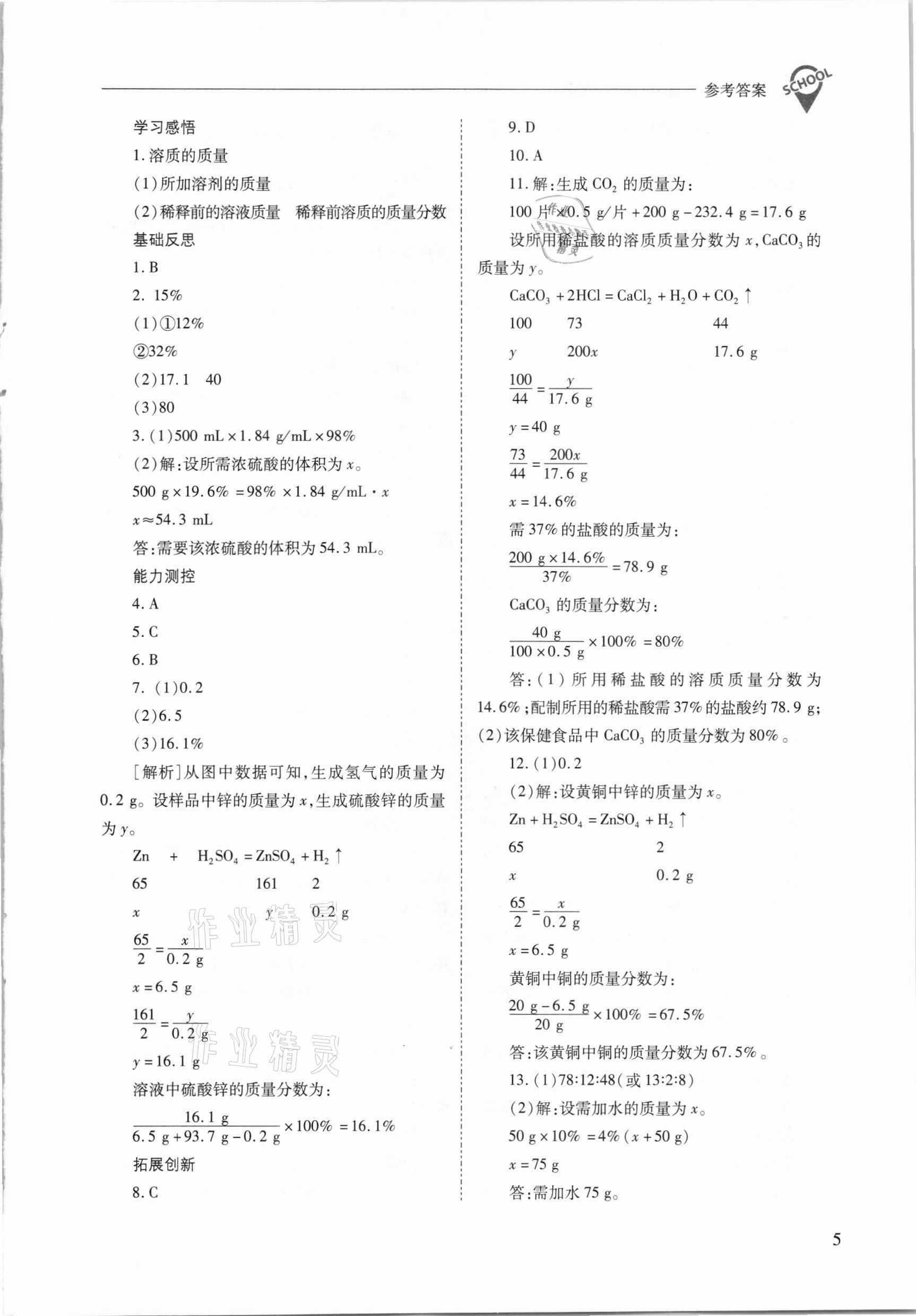 2021年新課程問題解決導(dǎo)學(xué)方案九年級化學(xué)下冊滬教版 參考答案第5頁