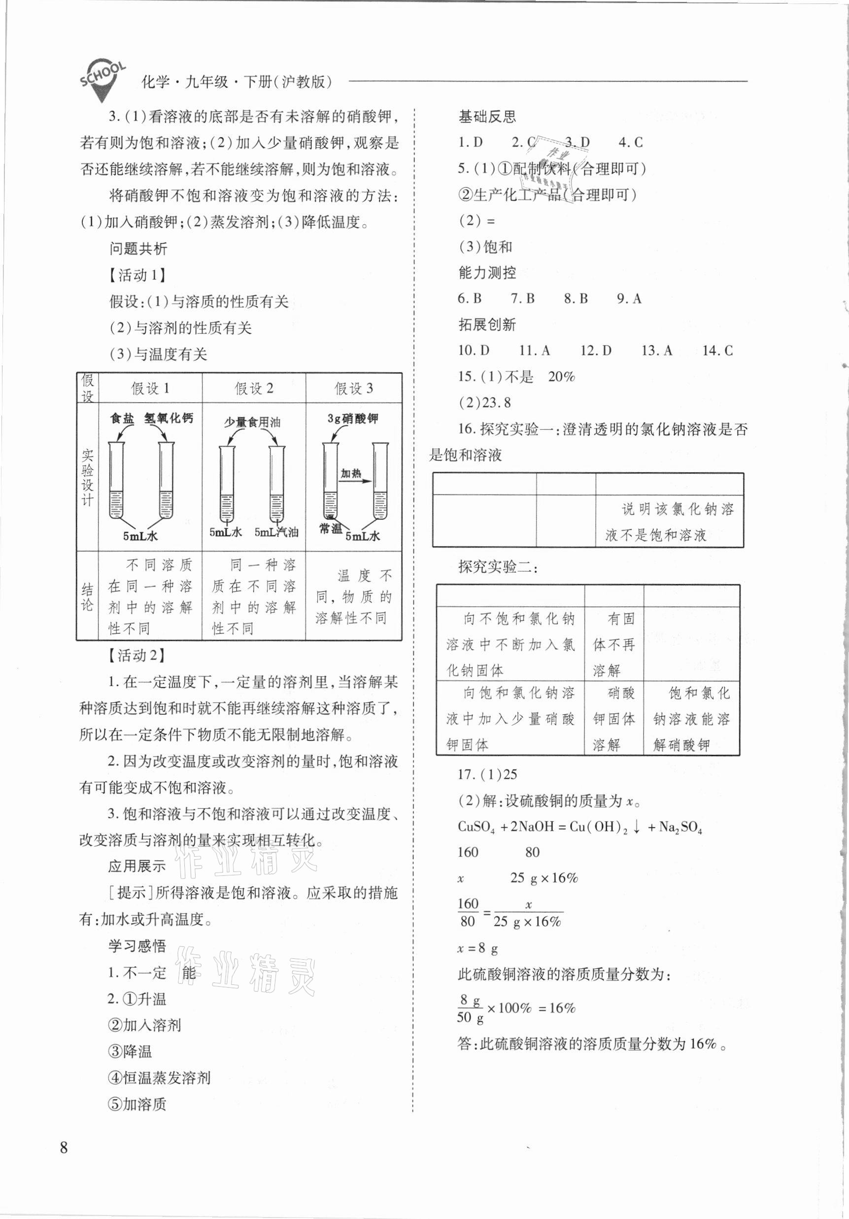 2021年新课程问题解决导学方案九年级化学下册沪教版 参考答案第8页