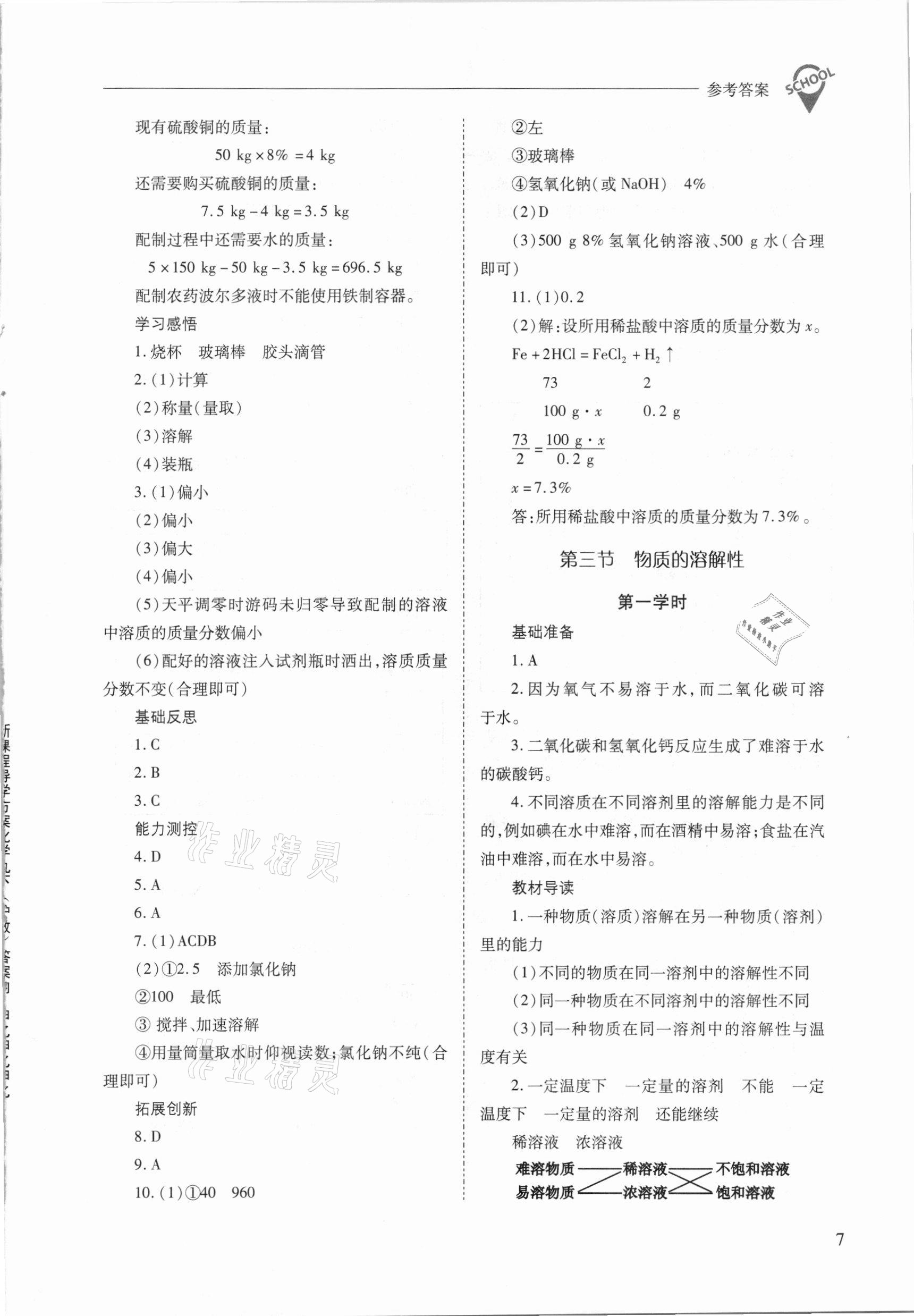 2021年新课程问题解决导学方案九年级化学下册沪教版 参考答案第7页