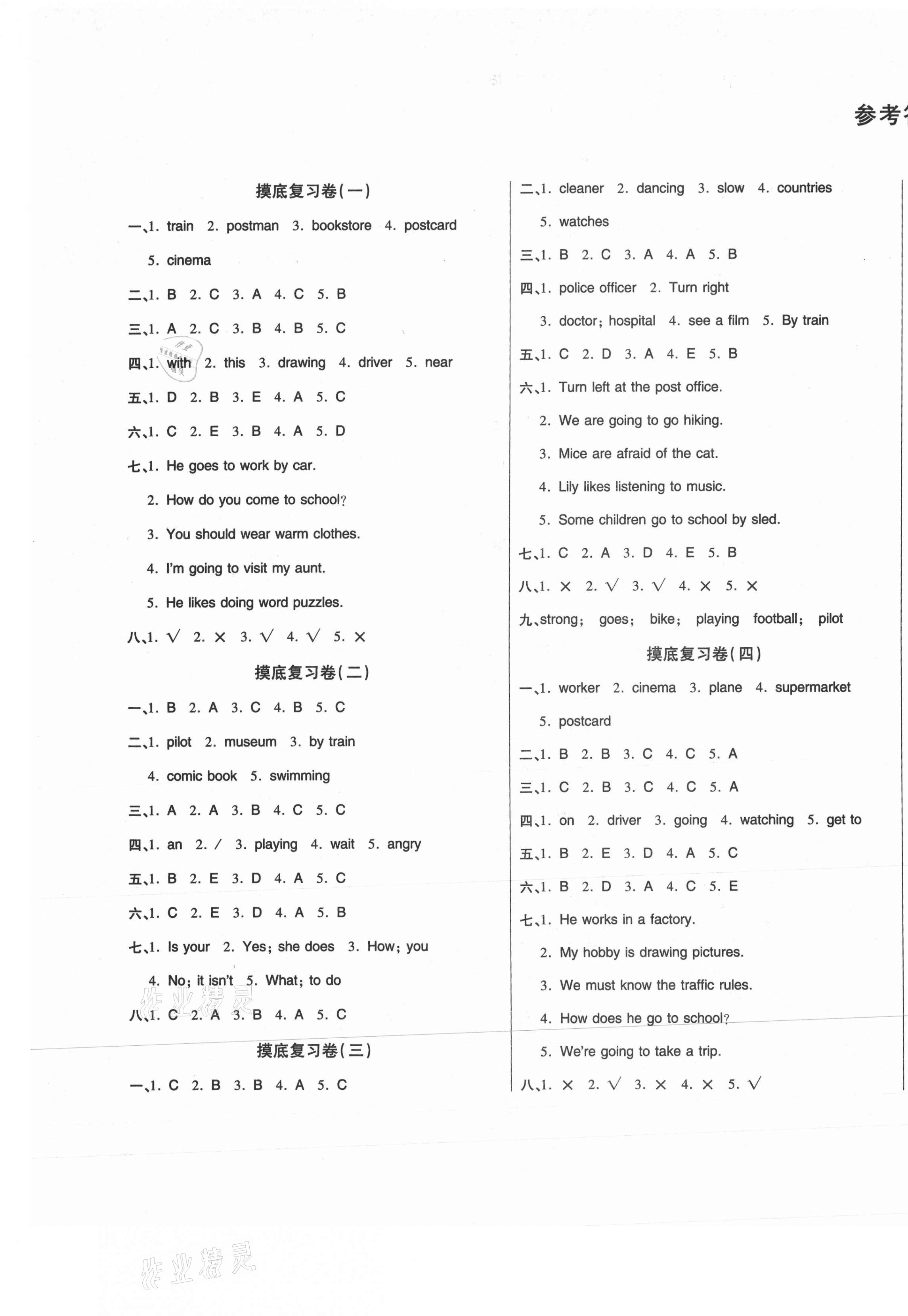 2020年期末全優(yōu)卷沖刺100分六年級英語上冊人教PEP版 參考答案第1頁