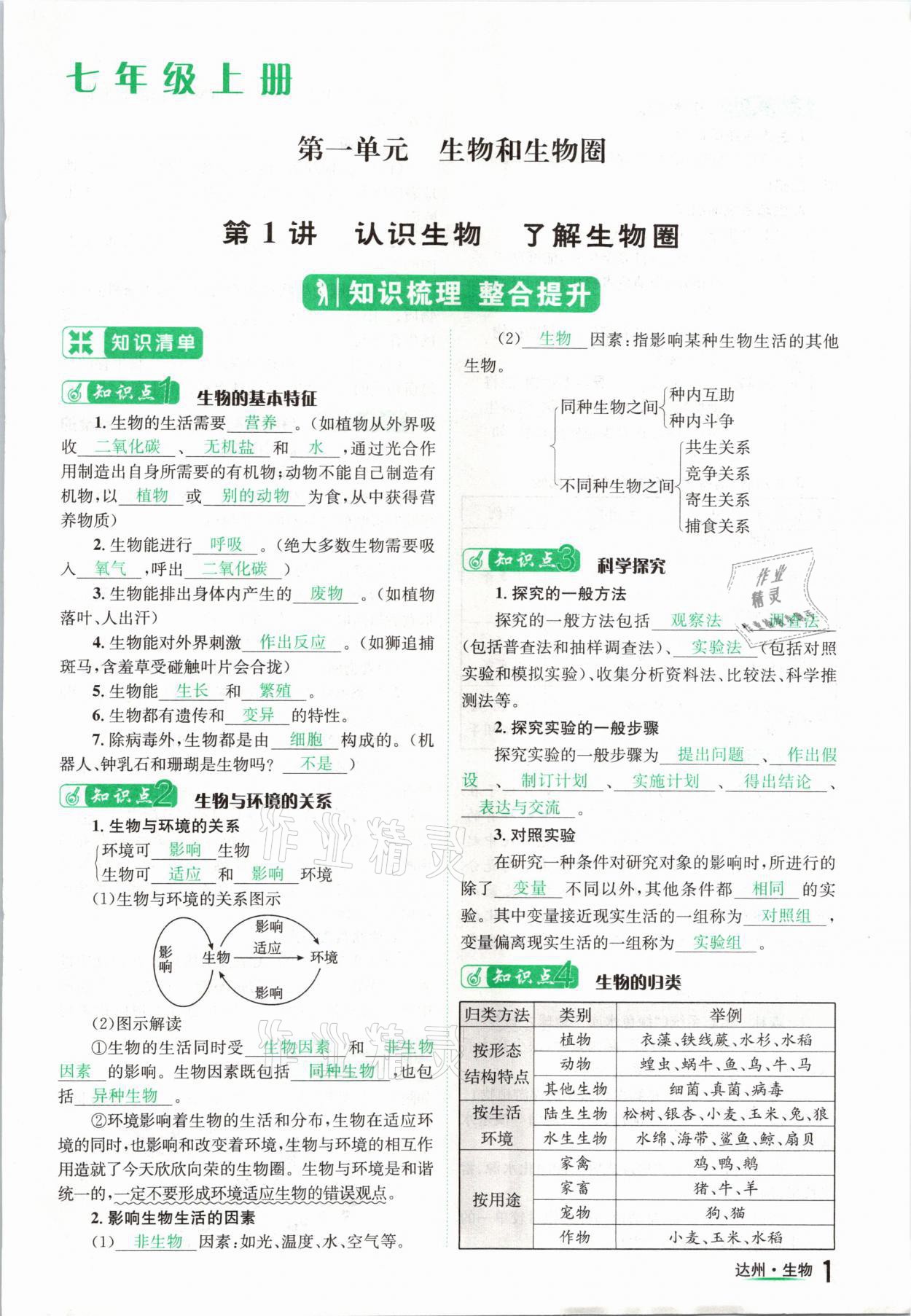 2021年國華考試中考總動員生物達州專版 參考答案第1頁