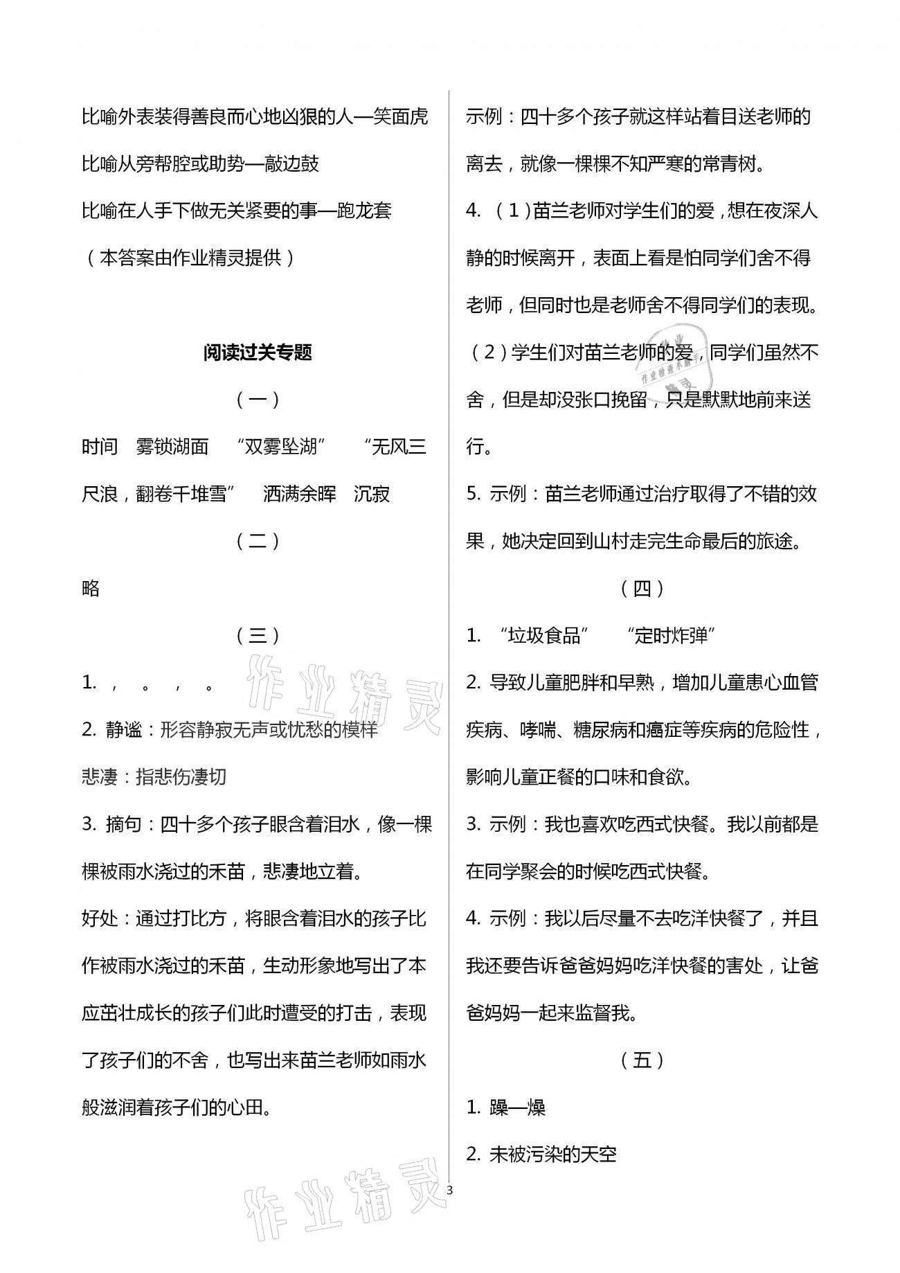 2021年寒假作业五年级语数综合河南专版延边教育出版社 参考答案第3页