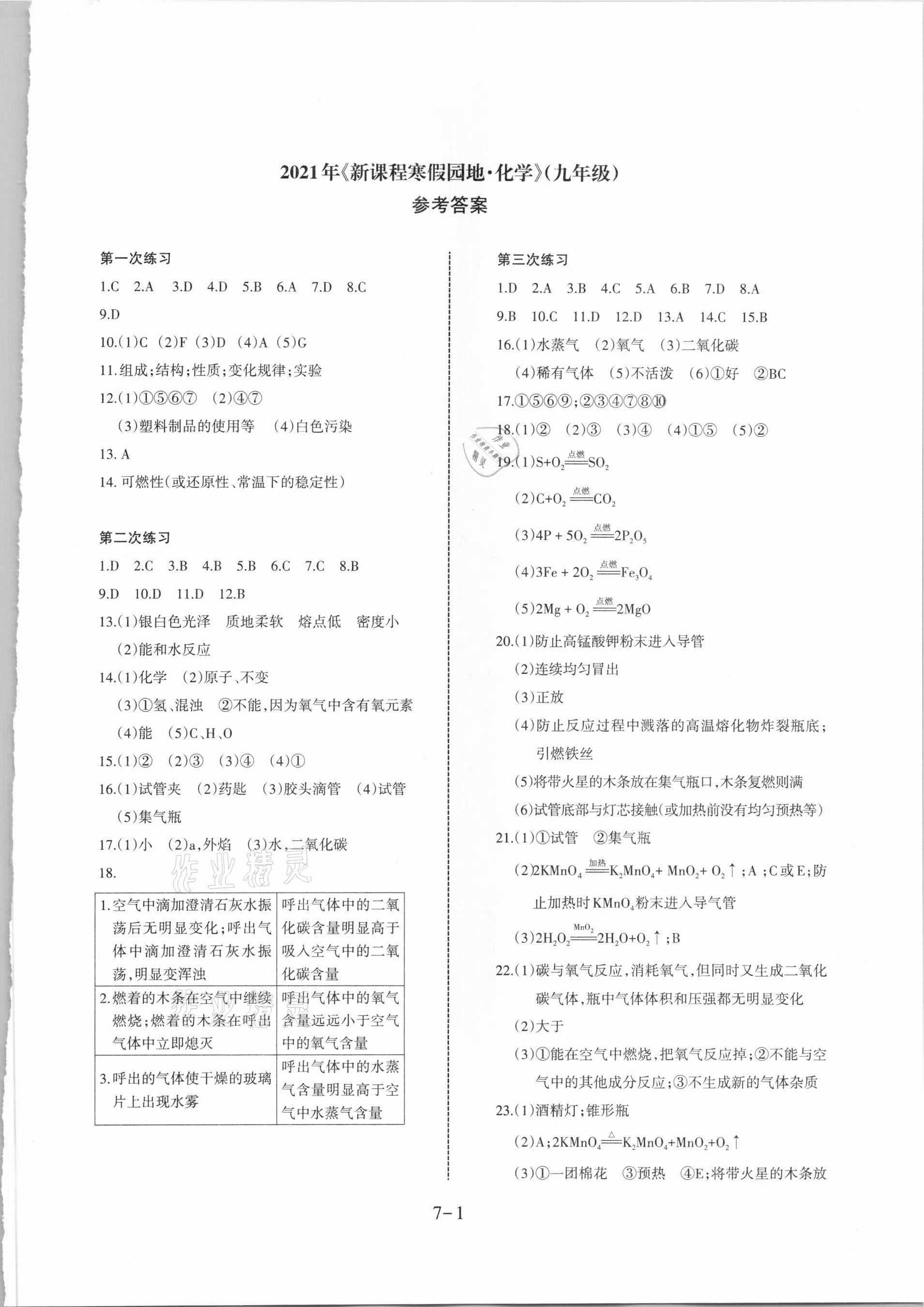 2021年新課程寒假園地九年級化學(xué)人教版 參考答案第1頁