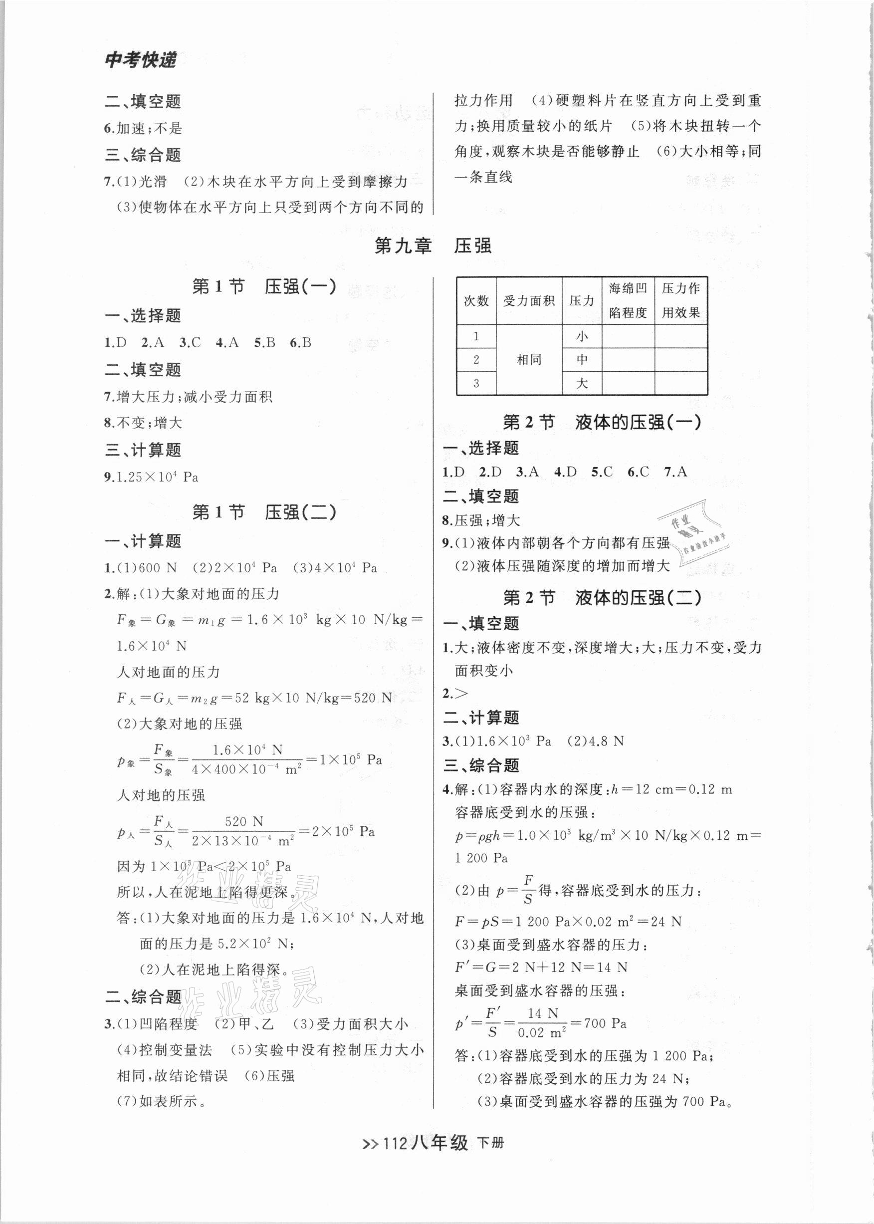 2021年中考快遞同步檢測(cè)八年級(jí)物理下冊(cè)人教版大連專版 參考答案第4頁(yè)