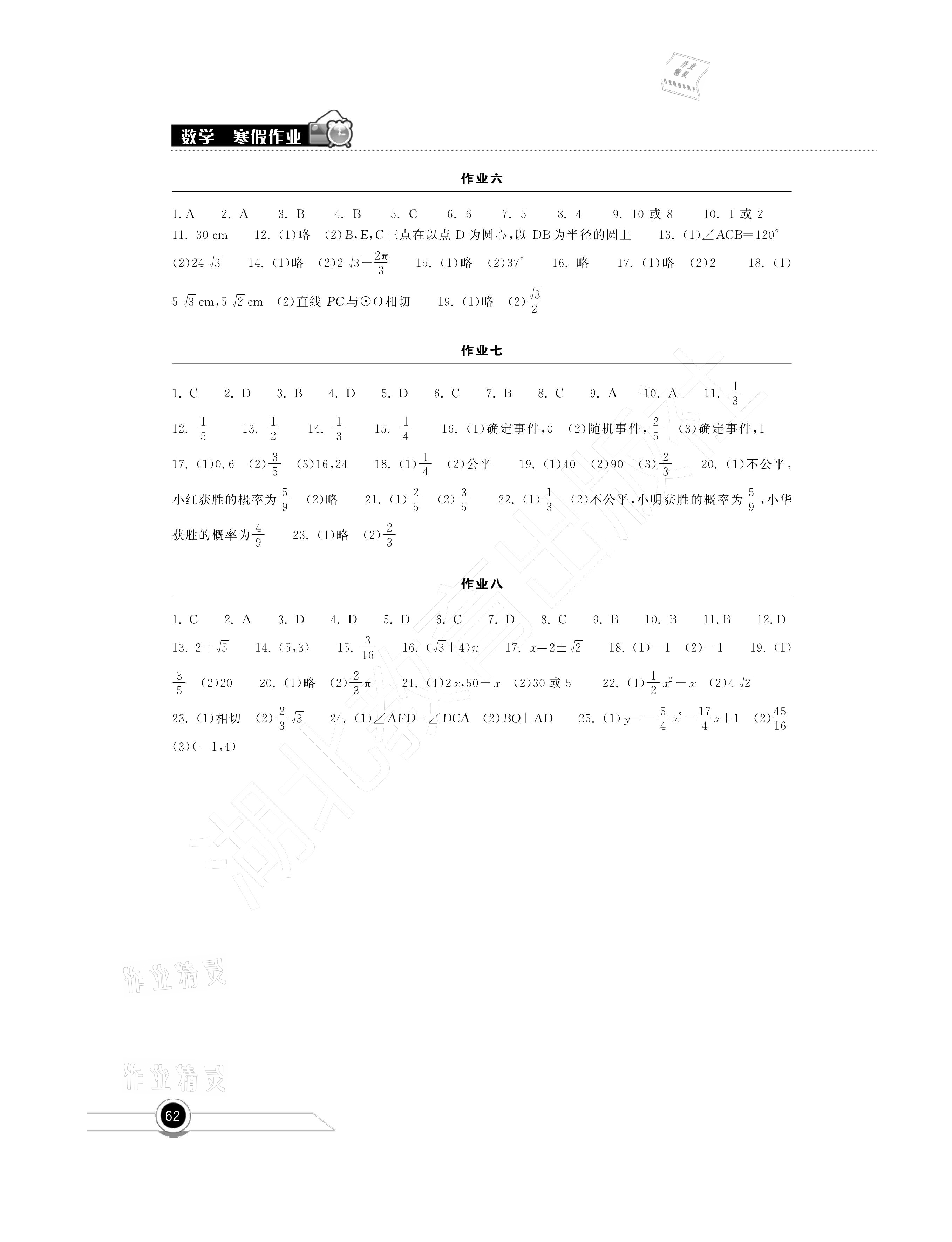 2021年长江作业本寒假作业九年级数学湖北教育出版社 参考答案第2页