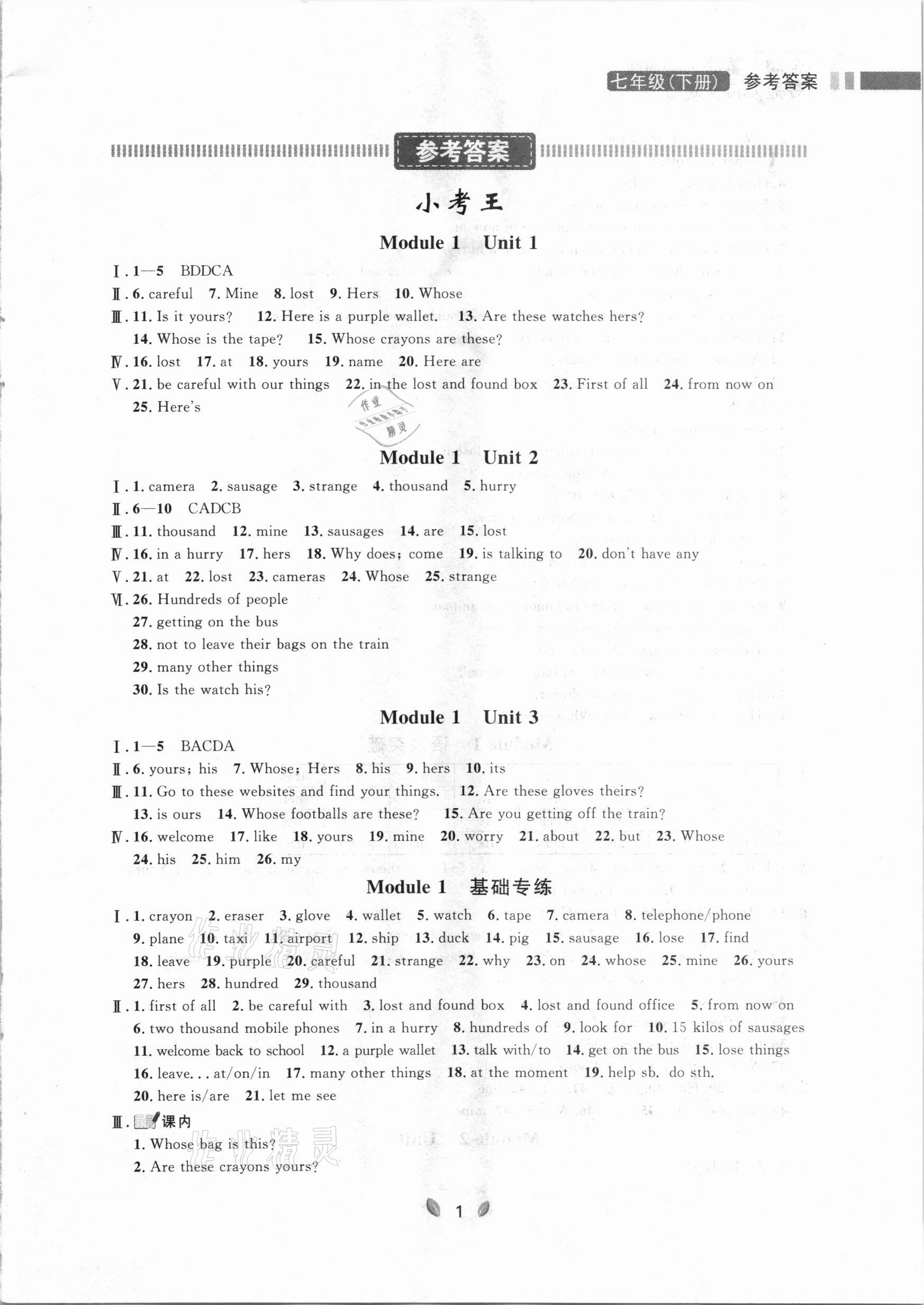 2021年点石成金金牌夺冠七年级英语下册外研版大连专版 参考答案第1页