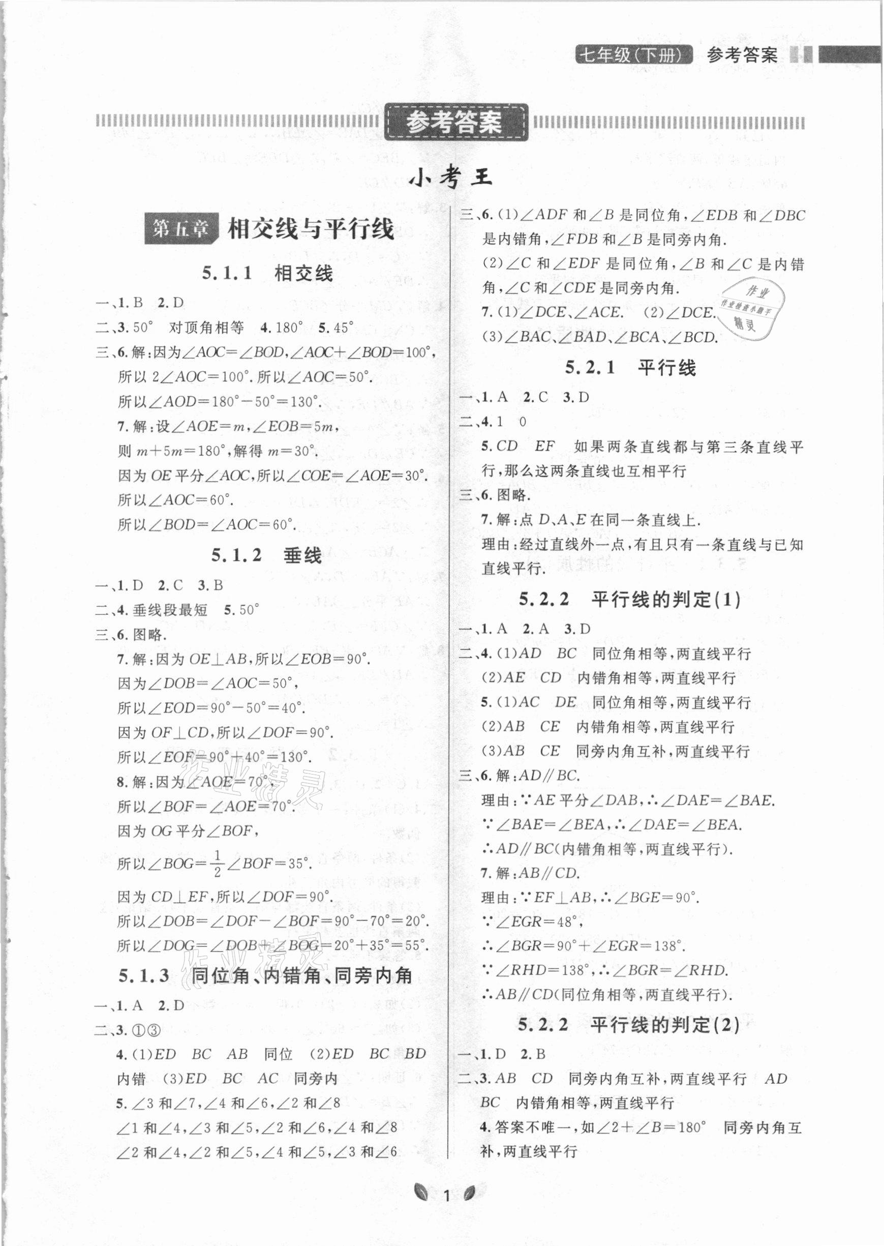 2021年点石成金金牌夺冠七年级数学下册人教版大连专版 参考答案第1页