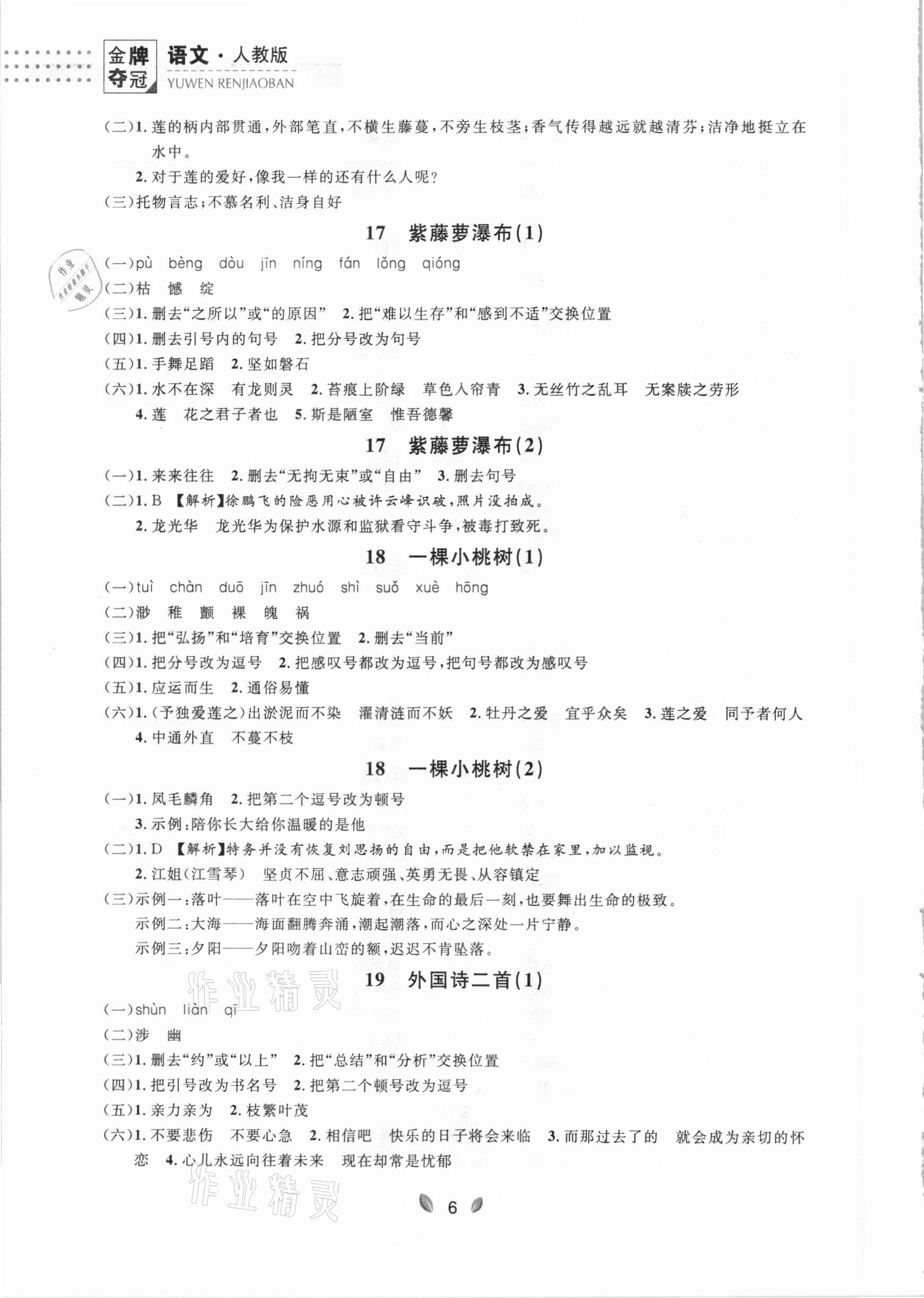 2021年點(diǎn)石成金金牌奪冠七年級語文下冊人教版大連專版 參考答案第6頁