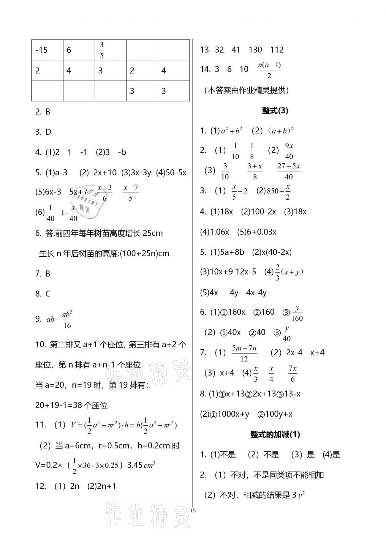 2020年初中數(shù)學(xué)活頁練習(xí)七年級上冊人教版福建少年兒童出版社 參考答案第15頁