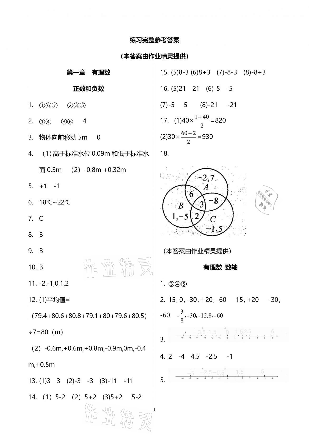 2020年初中数学活页练习七年级上册人教版福建少年儿童出版社 参考答案第1页