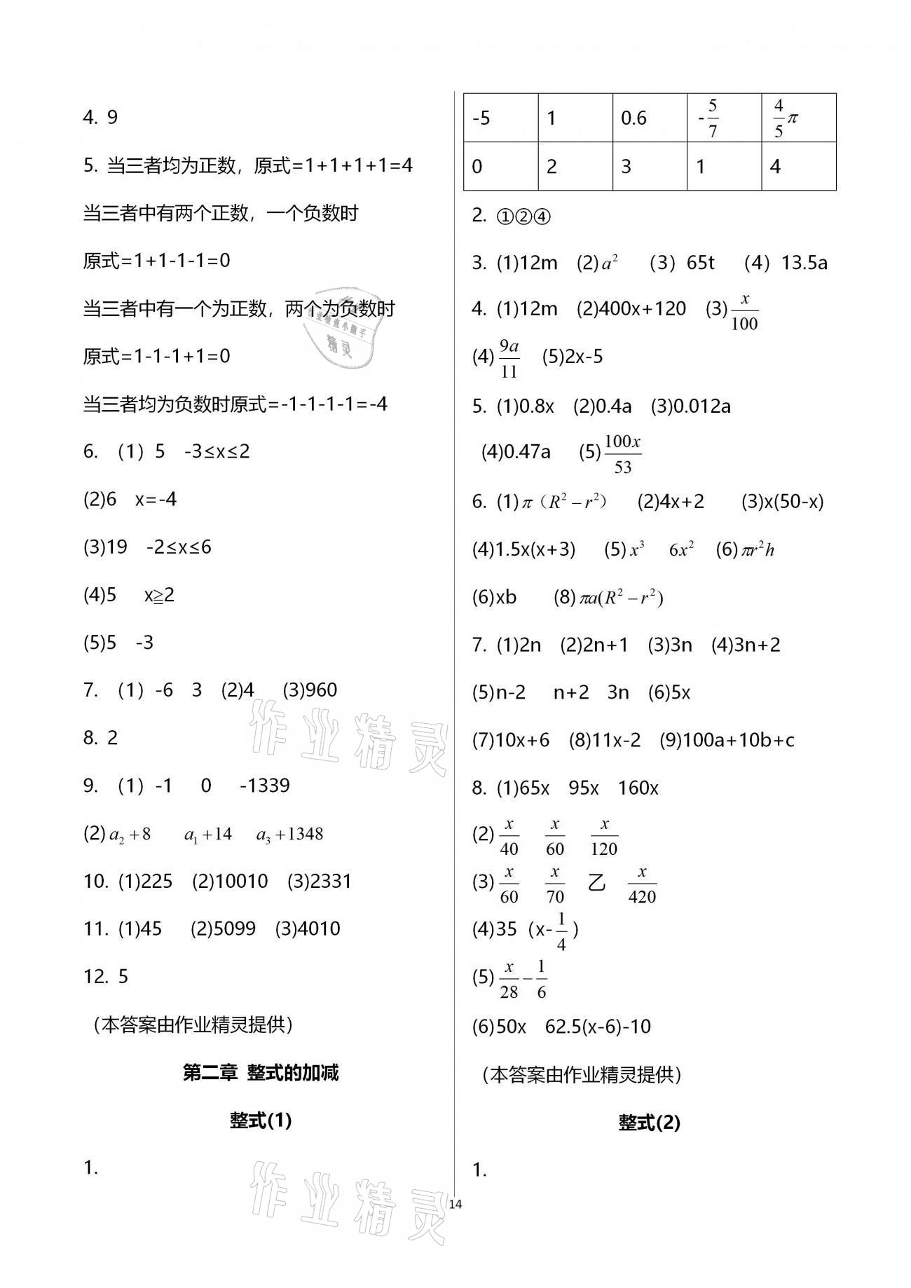 2020年初中数学活页练习七年级上册人教版福建少年儿童出版社 参考答案第14页