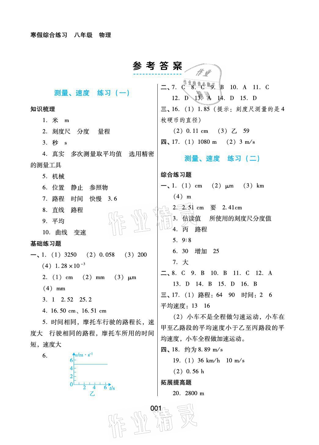 2021年寒假综合练习八年级物理 参考答案第1页