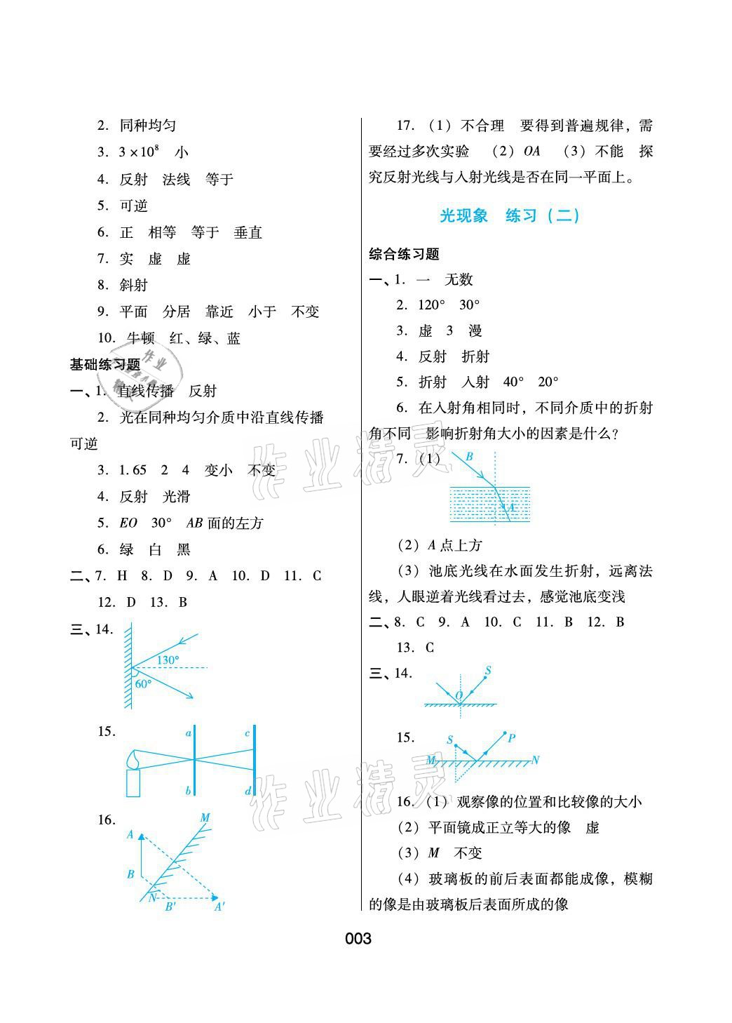 2021年寒假综合练习八年级物理 参考答案第3页