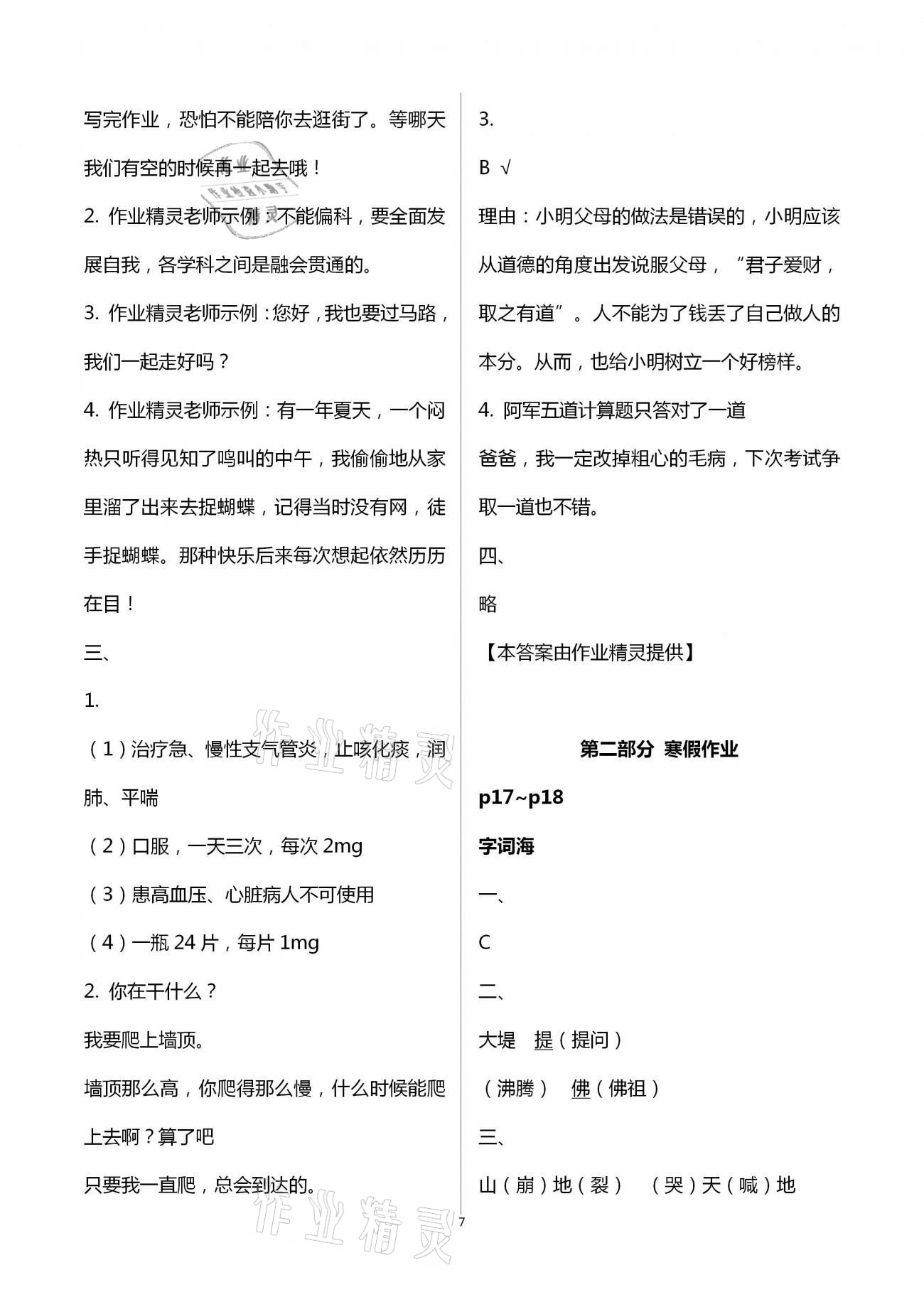 2021年寒假作業(yè)四年級合訂本河南專用延邊教育出版社 參考答案第7頁