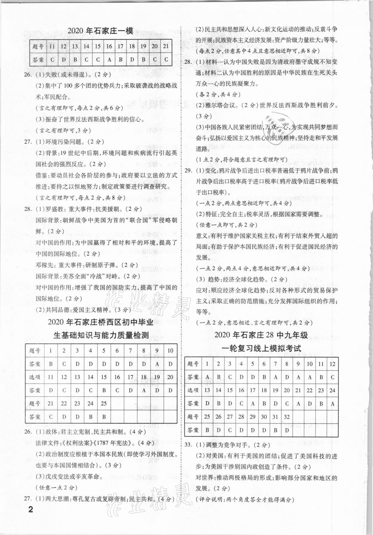 2021年一戰(zhàn)成名優(yōu)質模擬卷精選歷史河北專版 參考答案第1頁