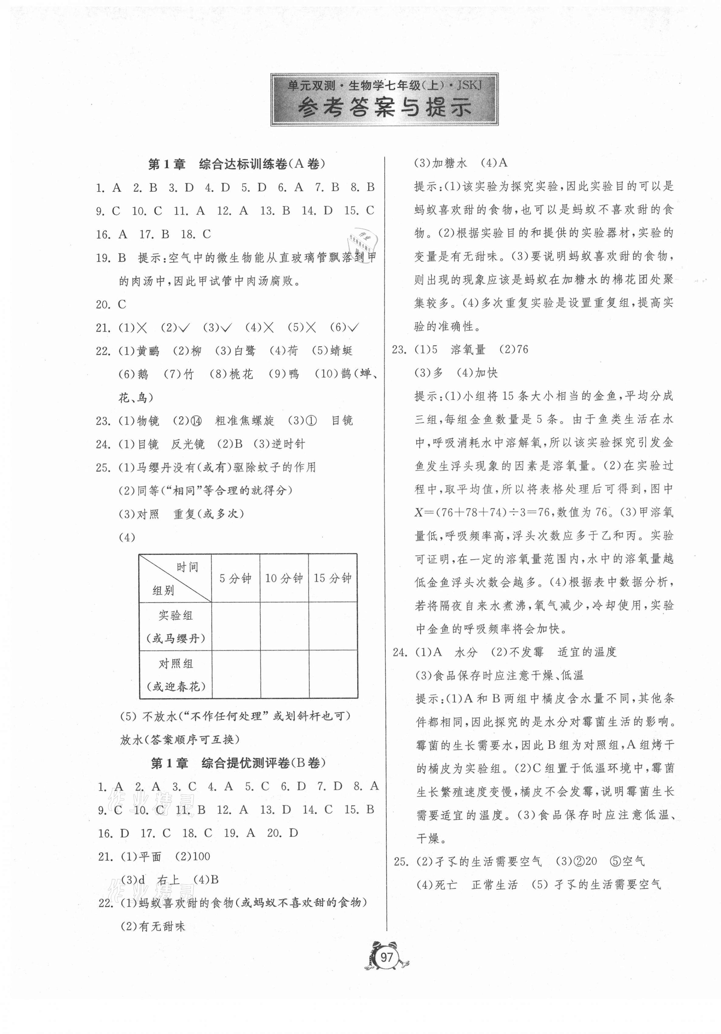 2020年单元双测全程提优测评卷七年级生物学上册苏科版 参考答案第1页