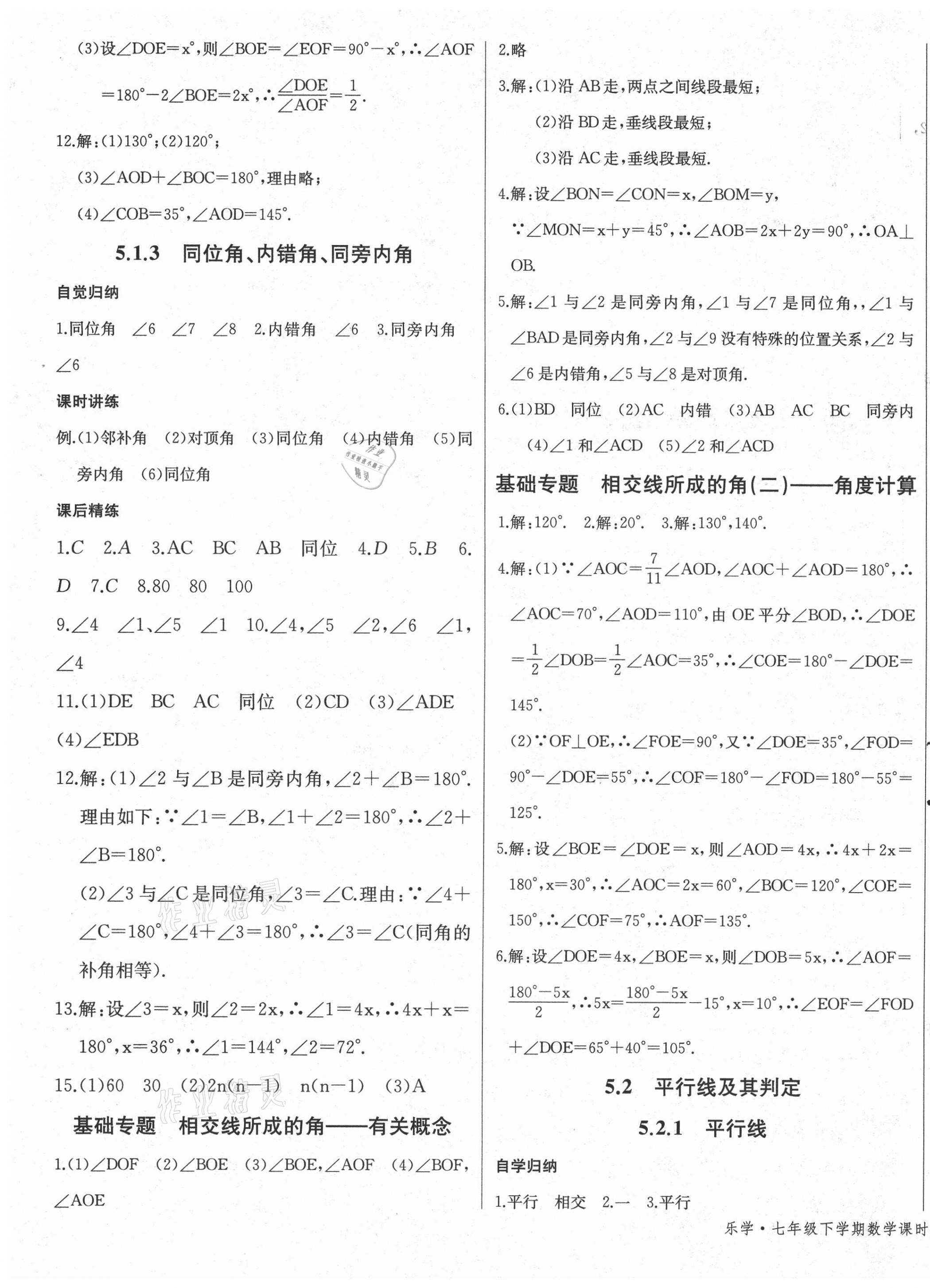 2021年樂學(xué)課堂課時學(xué)講練七年級數(shù)學(xué)下冊人教版 參考答案第7頁