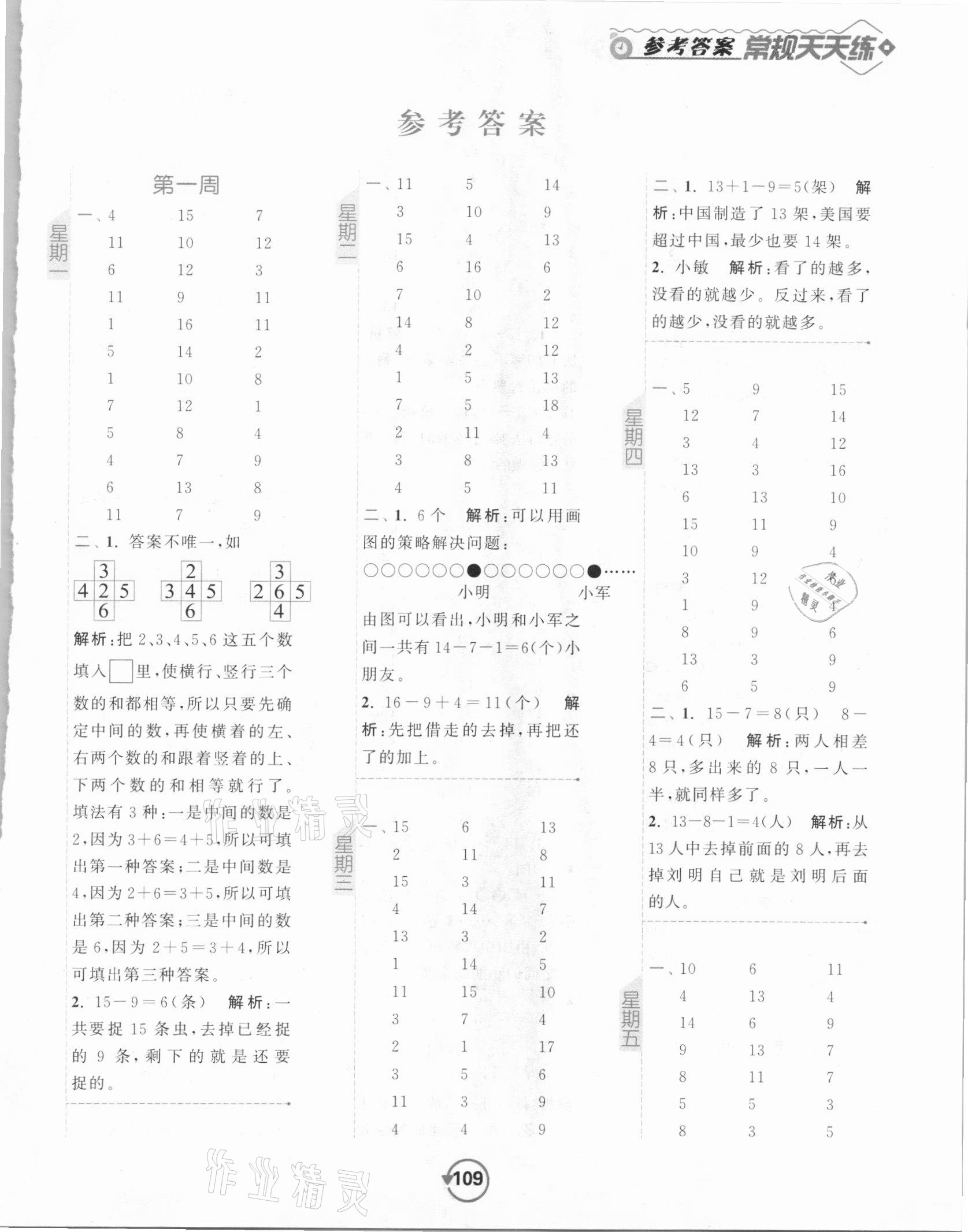 2021年壹學教育常規(guī)作業(yè)天天練一年級數(shù)學下冊蘇教版 參考答案第1頁