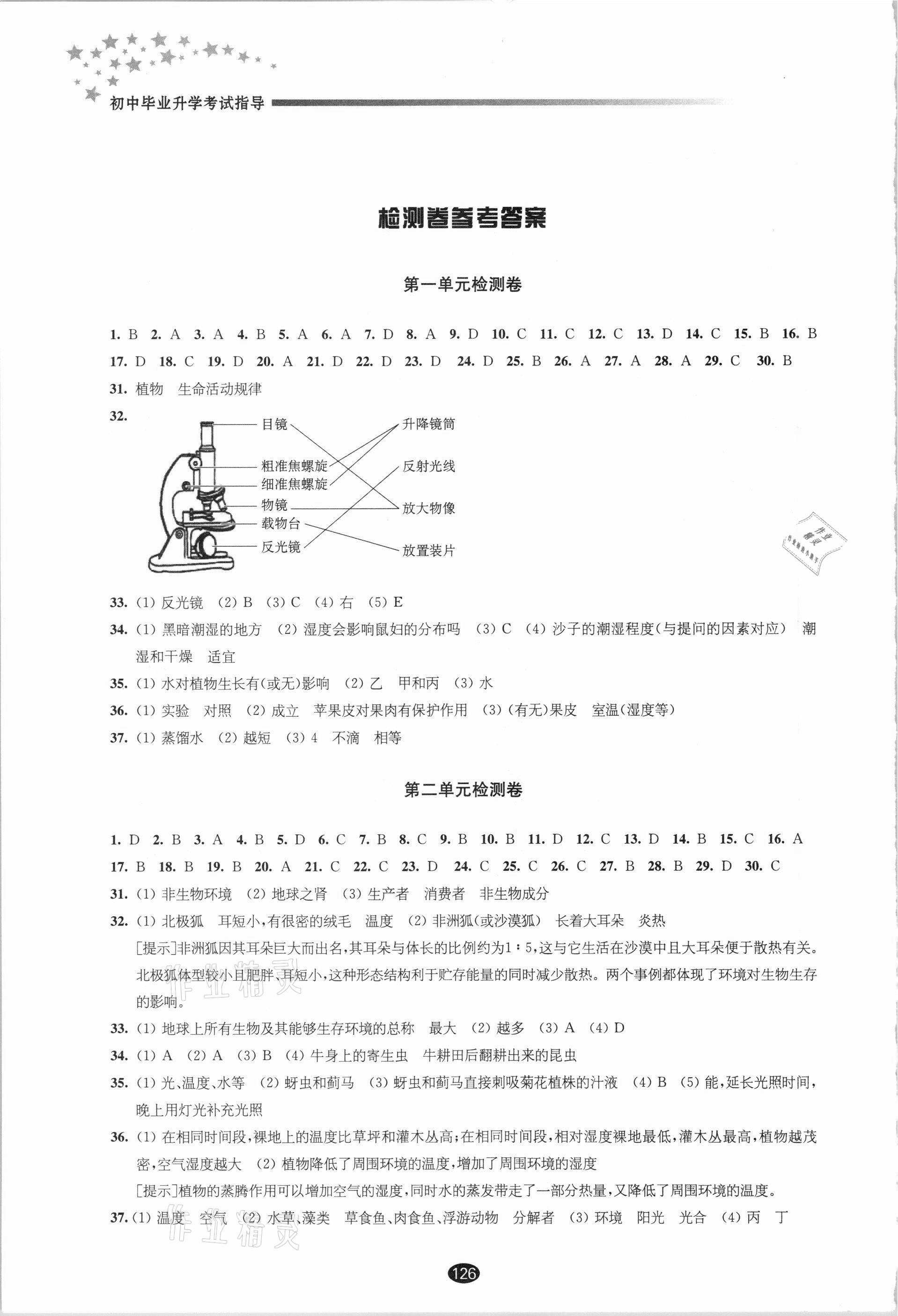 2021年初中毕业升学考试指导生物学 参考答案第1页