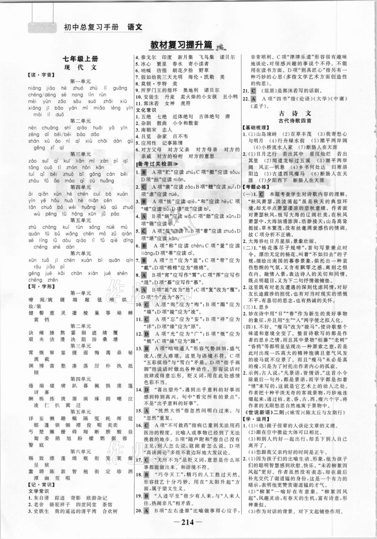 2021年初中總復(fù)習(xí)手冊(cè)語(yǔ)文山東畫(huà)報(bào)出版社 參考答案第1頁(yè)