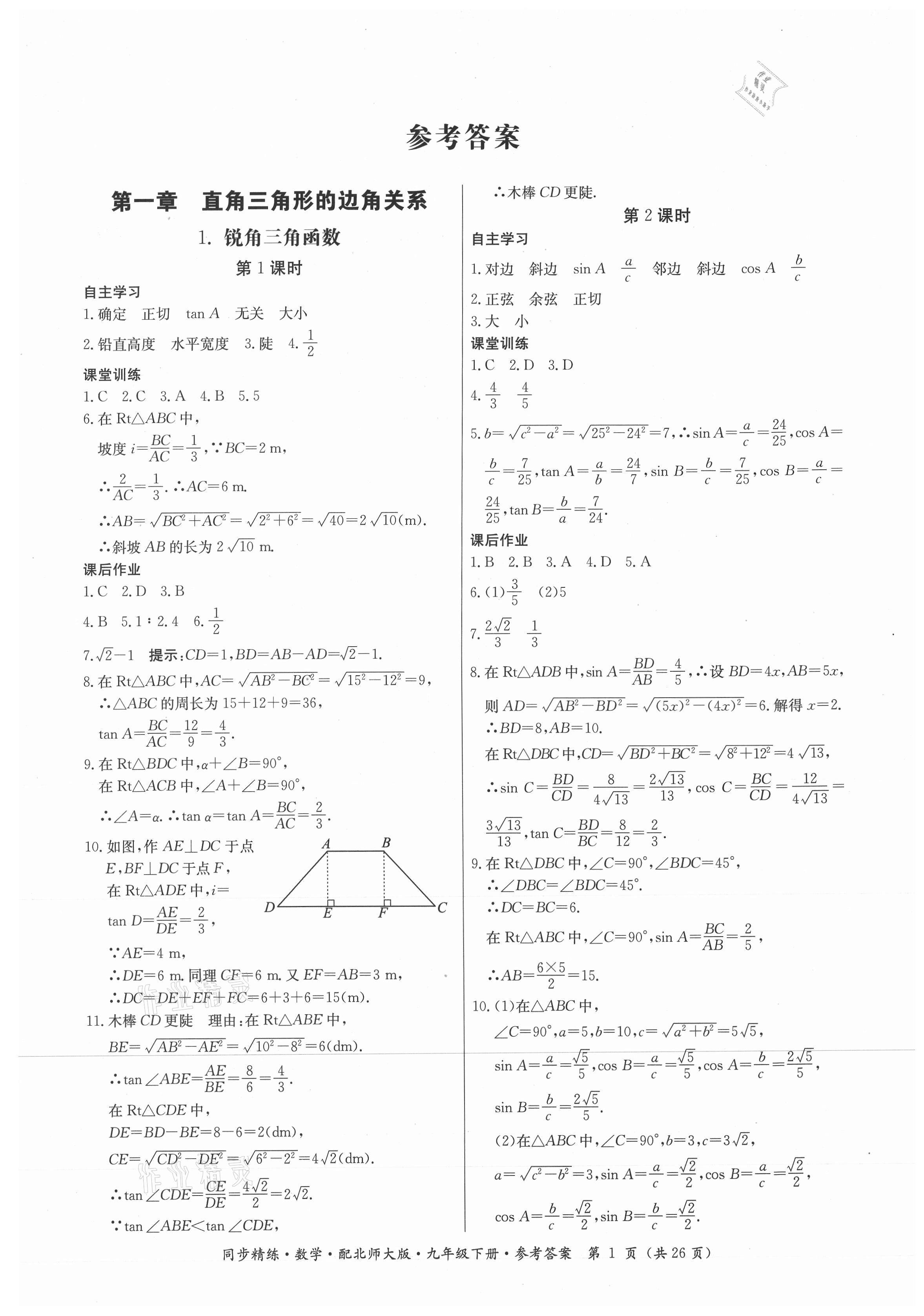 2021年同步精練九年級(jí)數(shù)學(xué)下冊(cè)北師大版廣東人民出版社 第1頁(yè)