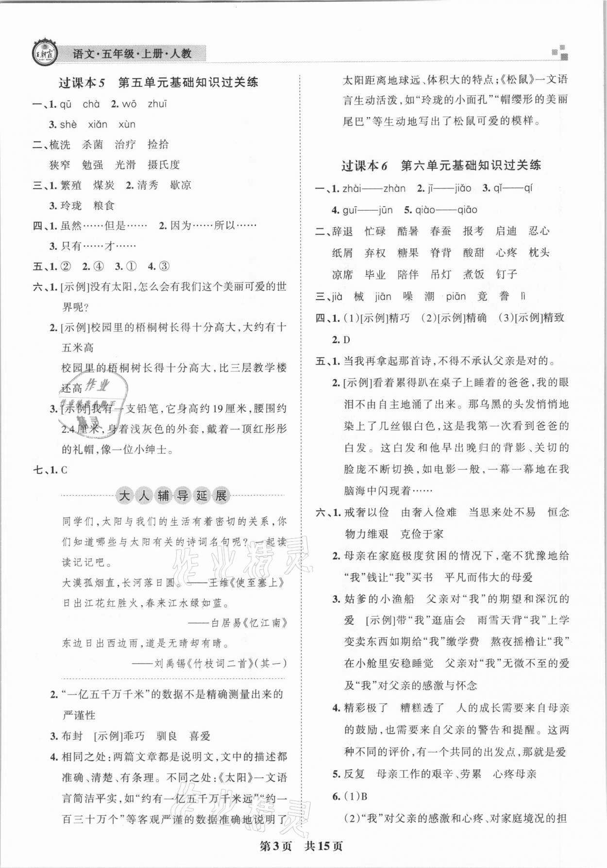 2020年王朝霞期末真題精編五年級語文上冊人教版南陽專版 參考答案第3頁