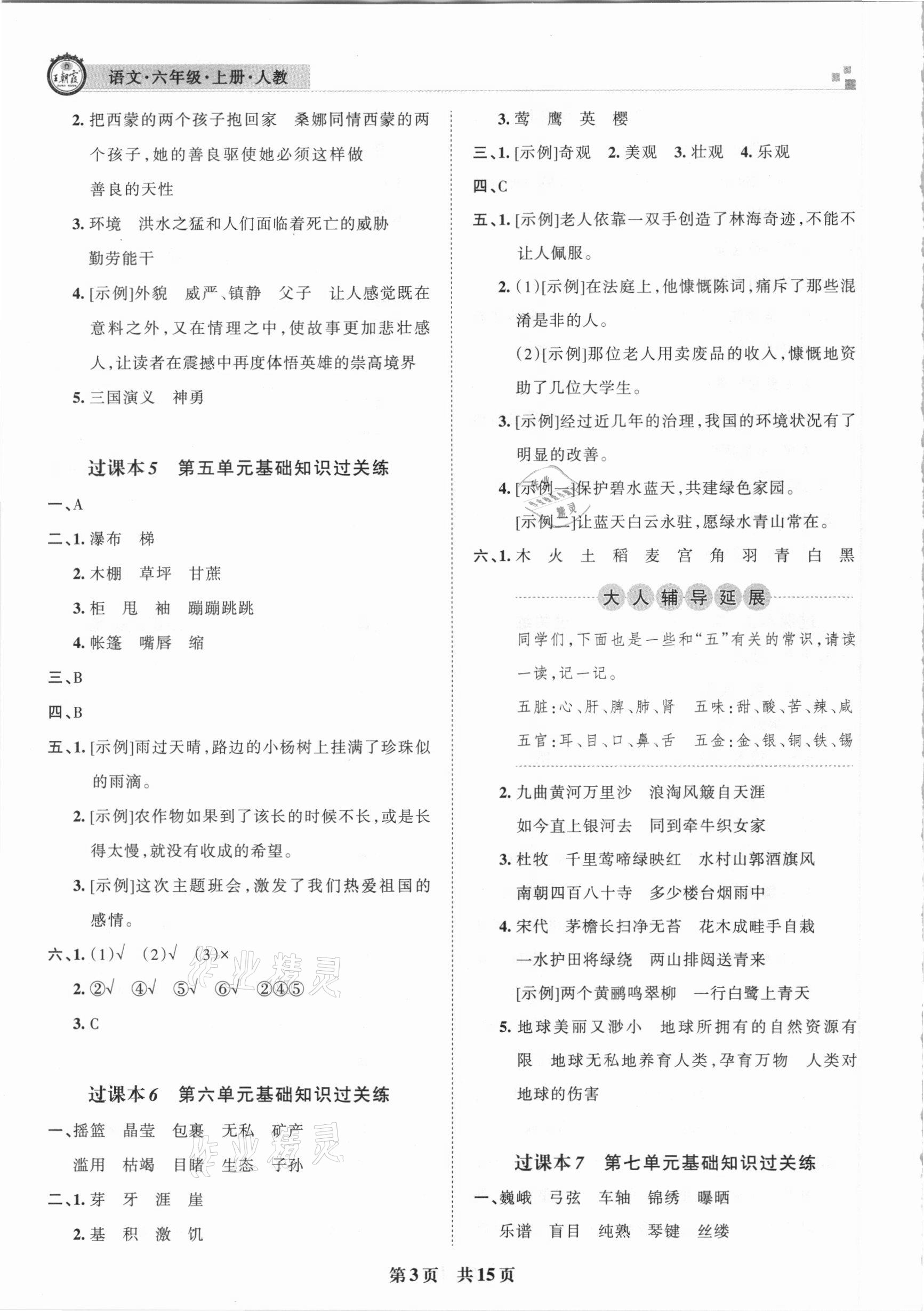 2020年王朝霞期末真題精編六年級語文上冊人教版南陽專版 參考答案第3頁