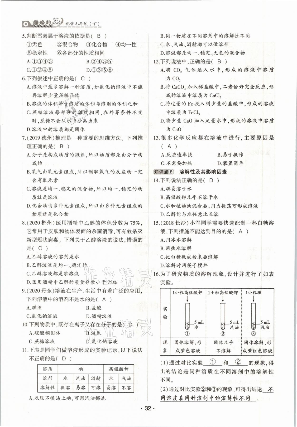 2021年巔峰對決九年級化學下冊人教版 參考答案第32頁
