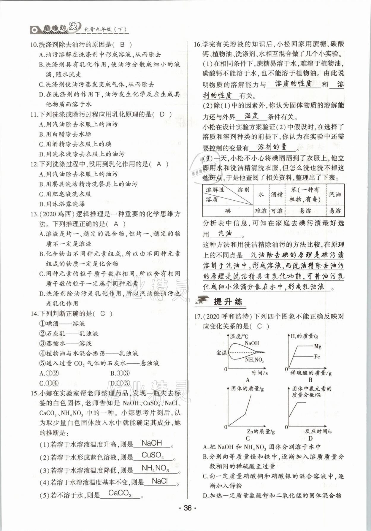 2021年巔峰對決九年級化學下冊人教版 參考答案第36頁