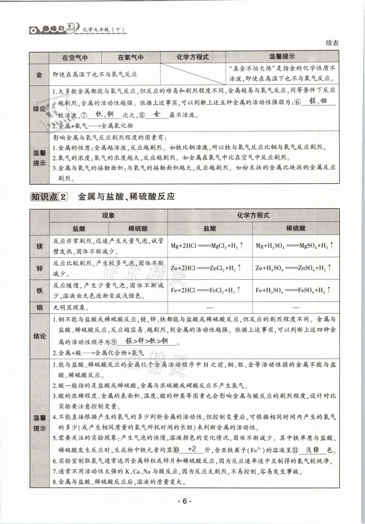 2021年巔峰對決九年級化學下冊人教版 參考答案第6頁