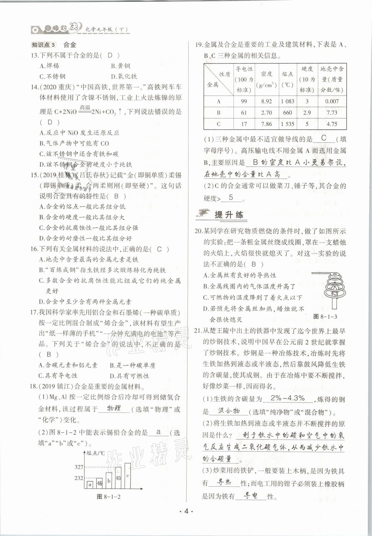 2021年巔峰對決九年級化學下冊人教版 參考答案第4頁