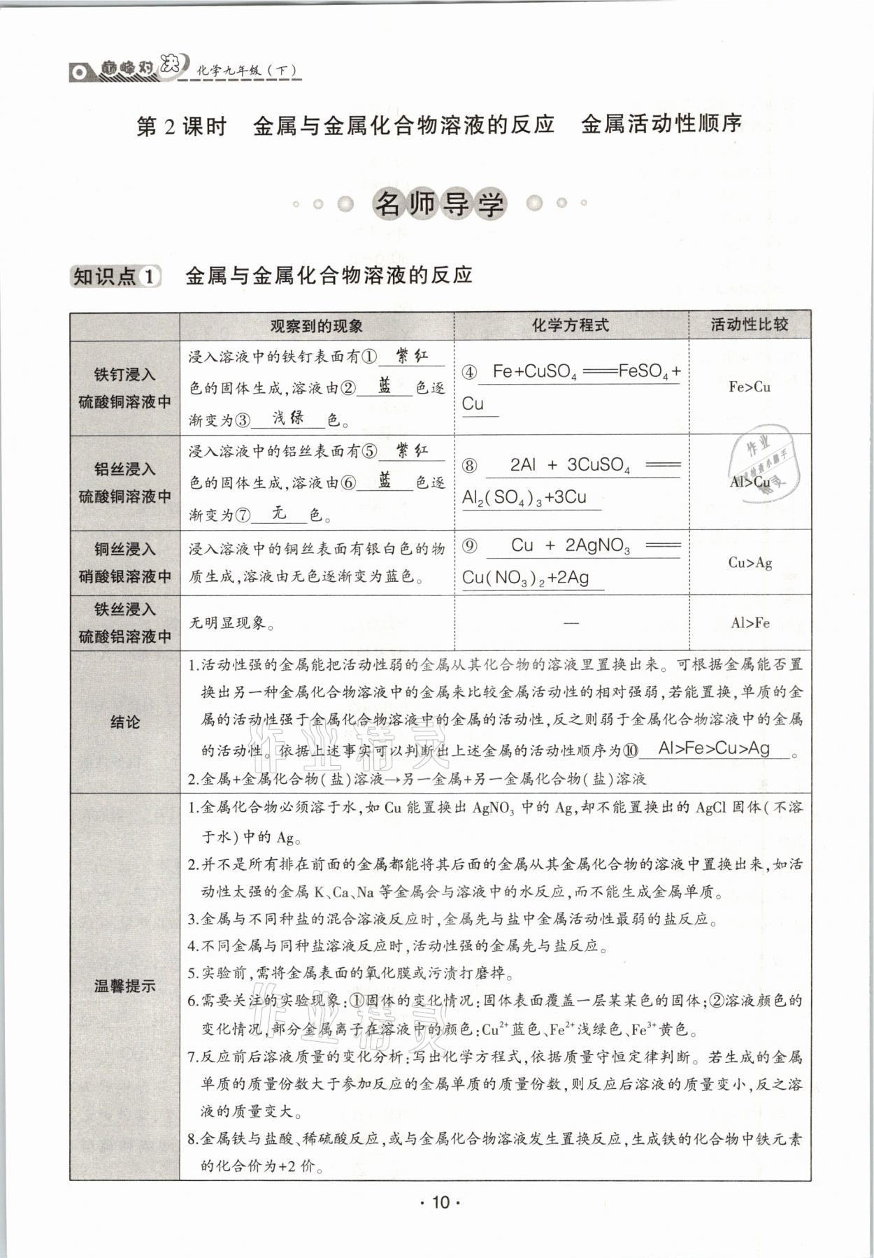 2021年巔峰對決九年級化學下冊人教版 參考答案第10頁