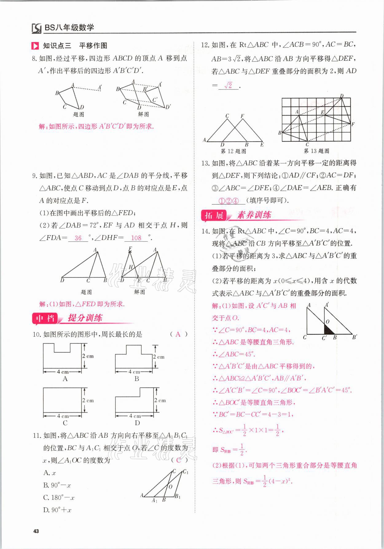 2021年我的作業(yè)八年級(jí)數(shù)學(xué)下冊(cè)北師大版 參考答案第43頁(yè)