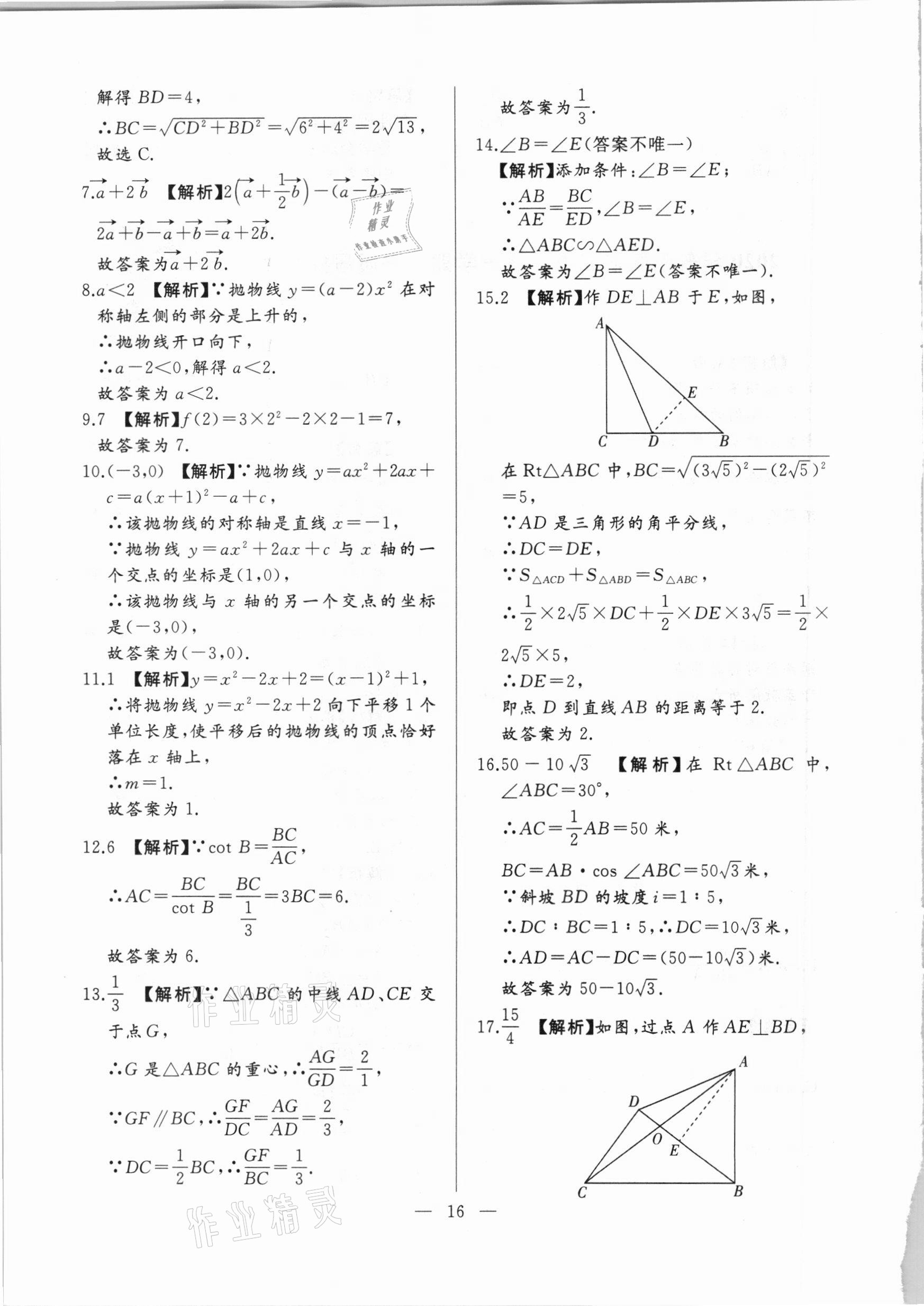 2021年走向名校一模卷数学&nbsp;参考答案第16页