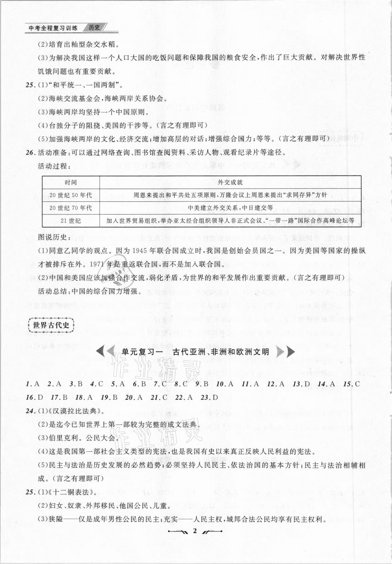 2021年中考全程復(fù)習(xí)訓(xùn)練歷史丹東專版 參考答案第2頁