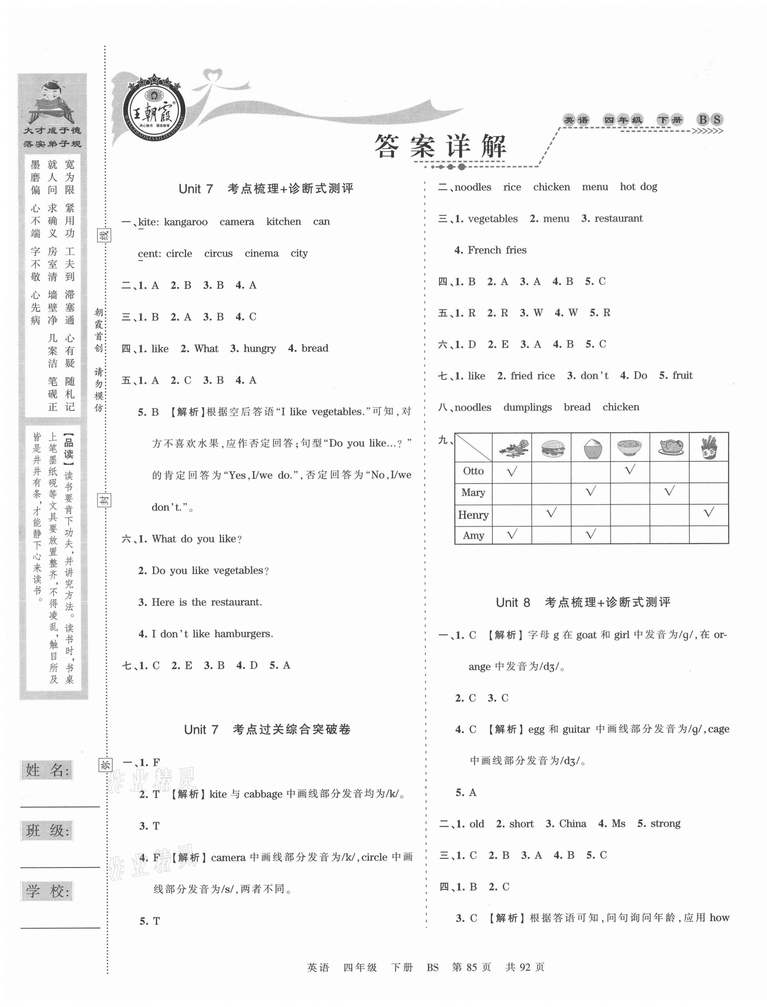 2021年王朝霞考点梳理时习卷四年级英语下册北师大版 第1页