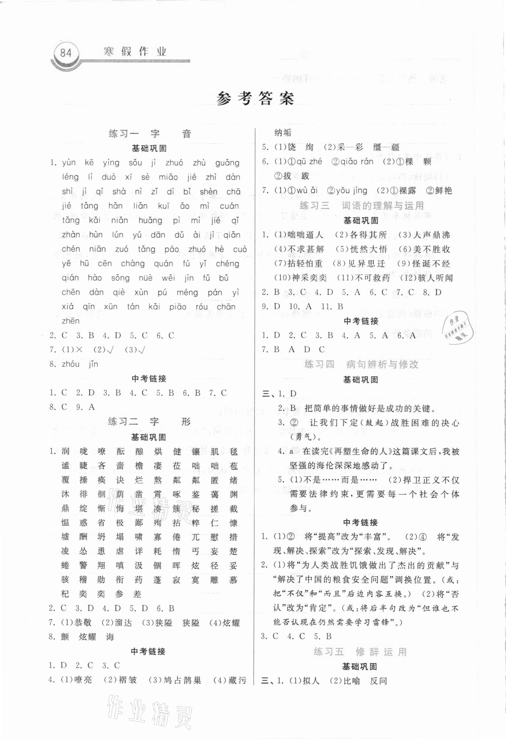 2021年寒假作業(yè)七年級語文河北美術(shù)出版社 參考答案第1頁