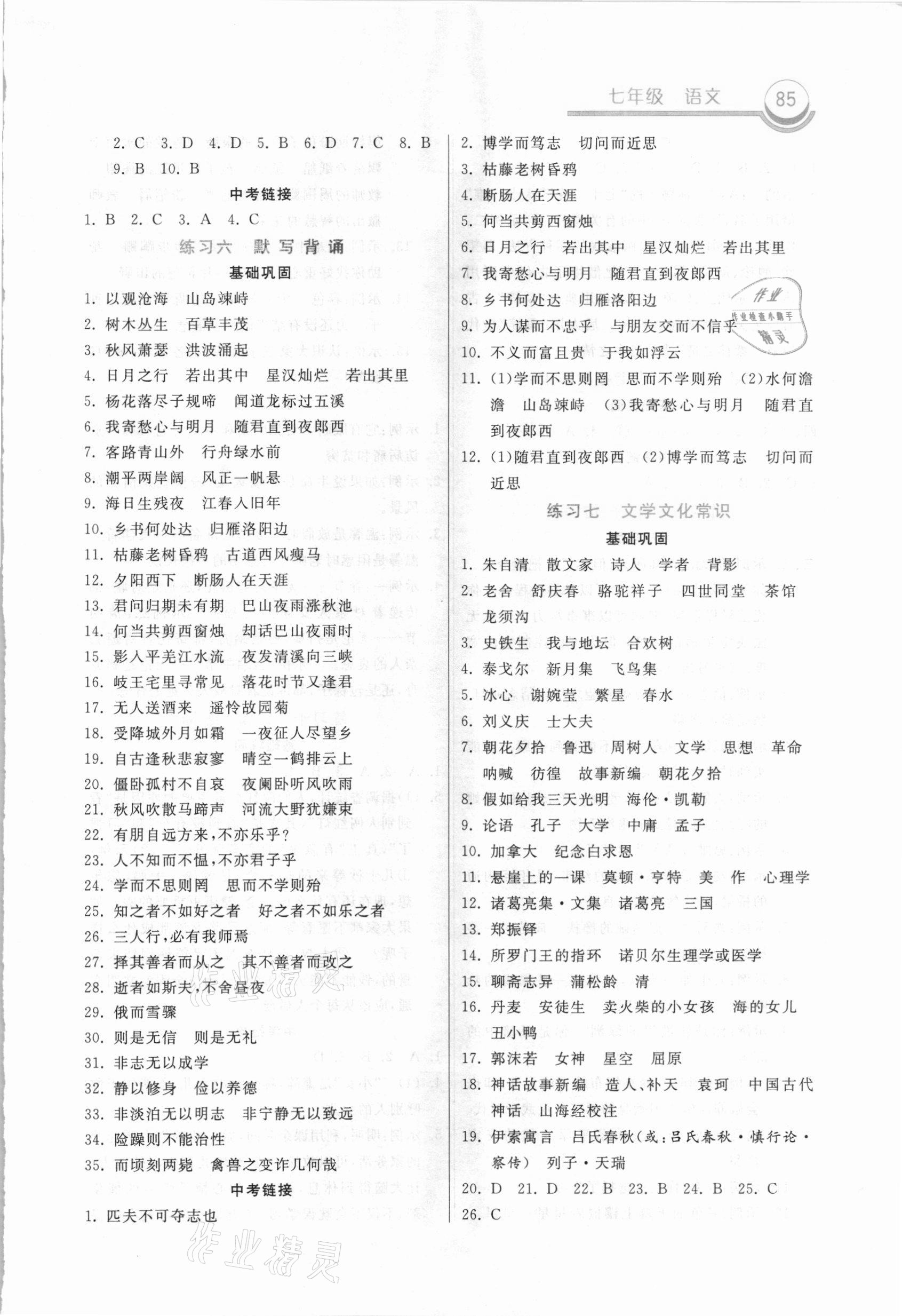 2021年寒假作业七年级语文河北美术出版社 参考答案第2页