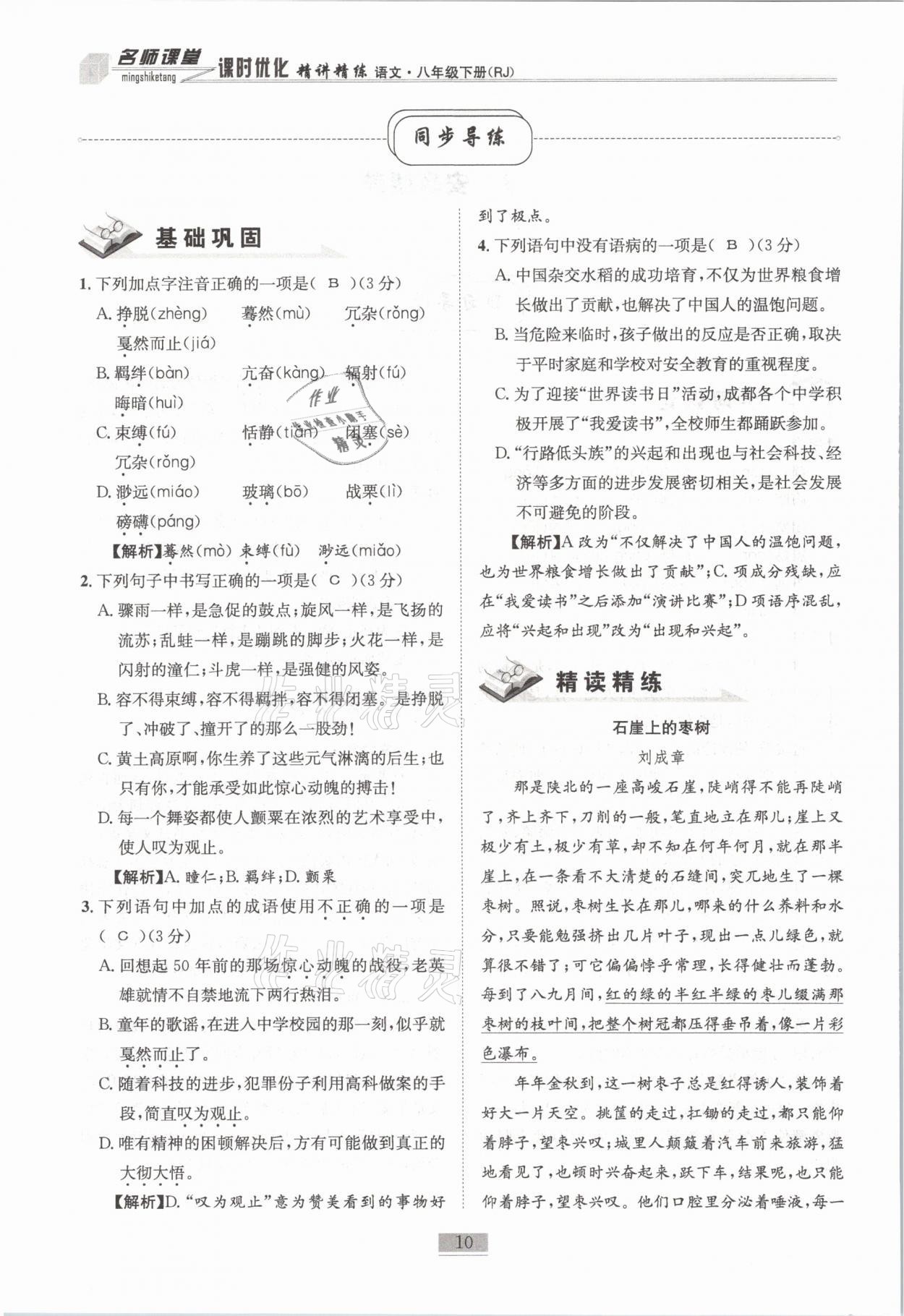 2021年名師課堂課時優(yōu)化精講精練八年級語文下冊人教版 第10頁