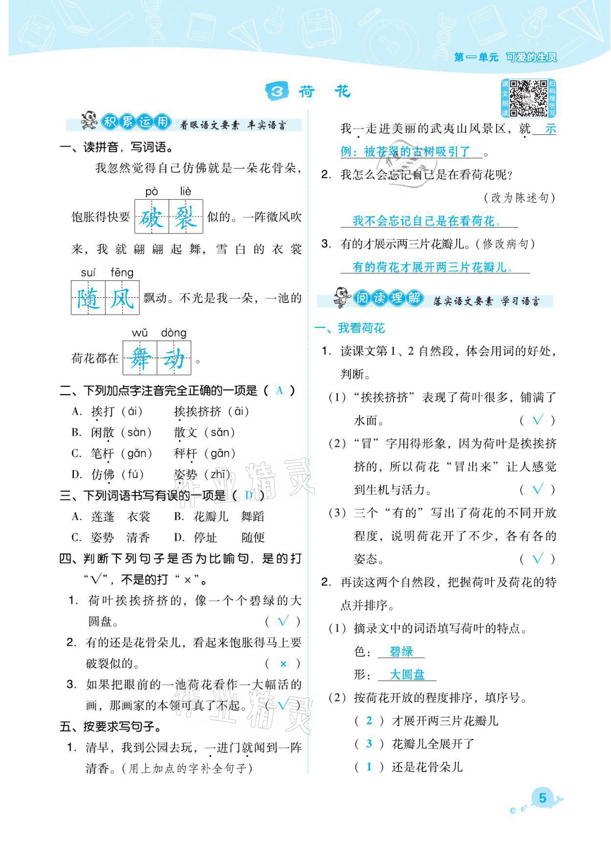 2021年綜合應(yīng)用創(chuàng)新題典中點三年級語文下冊人教版福建專版 參考答案第5頁