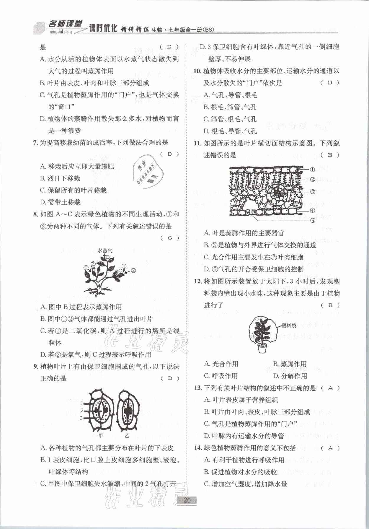 2021年名師課堂課時(shí)優(yōu)化精講精練七年級(jí)生物全一冊(cè)北師大版 第20頁