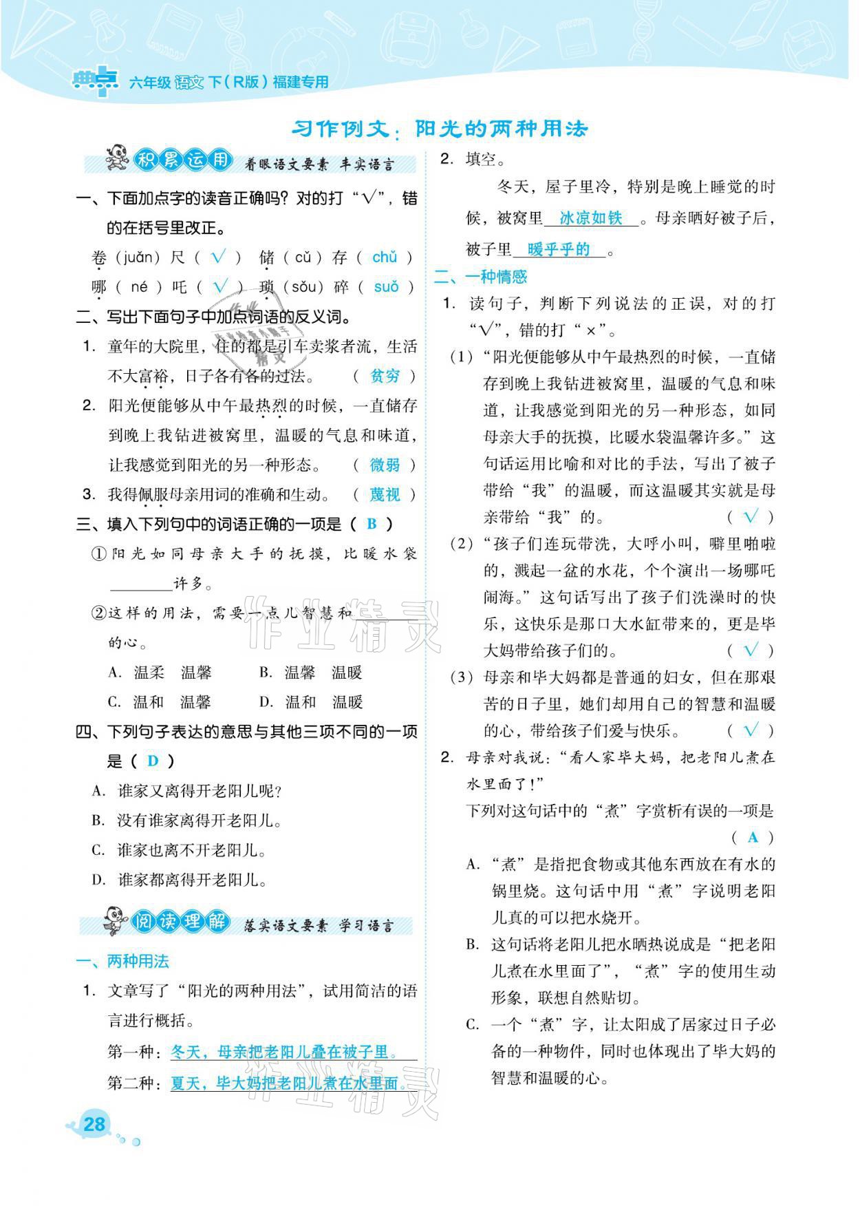 2021年綜合應用創(chuàng)新題典中點六年級語文下冊人教版福建專版 參考答案第28頁