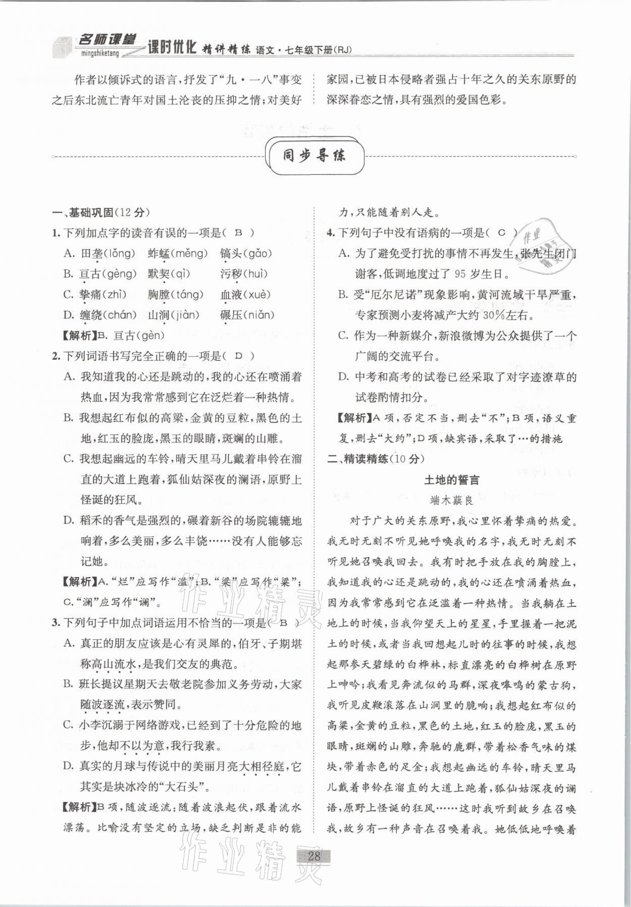 2021年名師課堂課時優(yōu)化精講精練七年級語文下冊人教版 第28頁