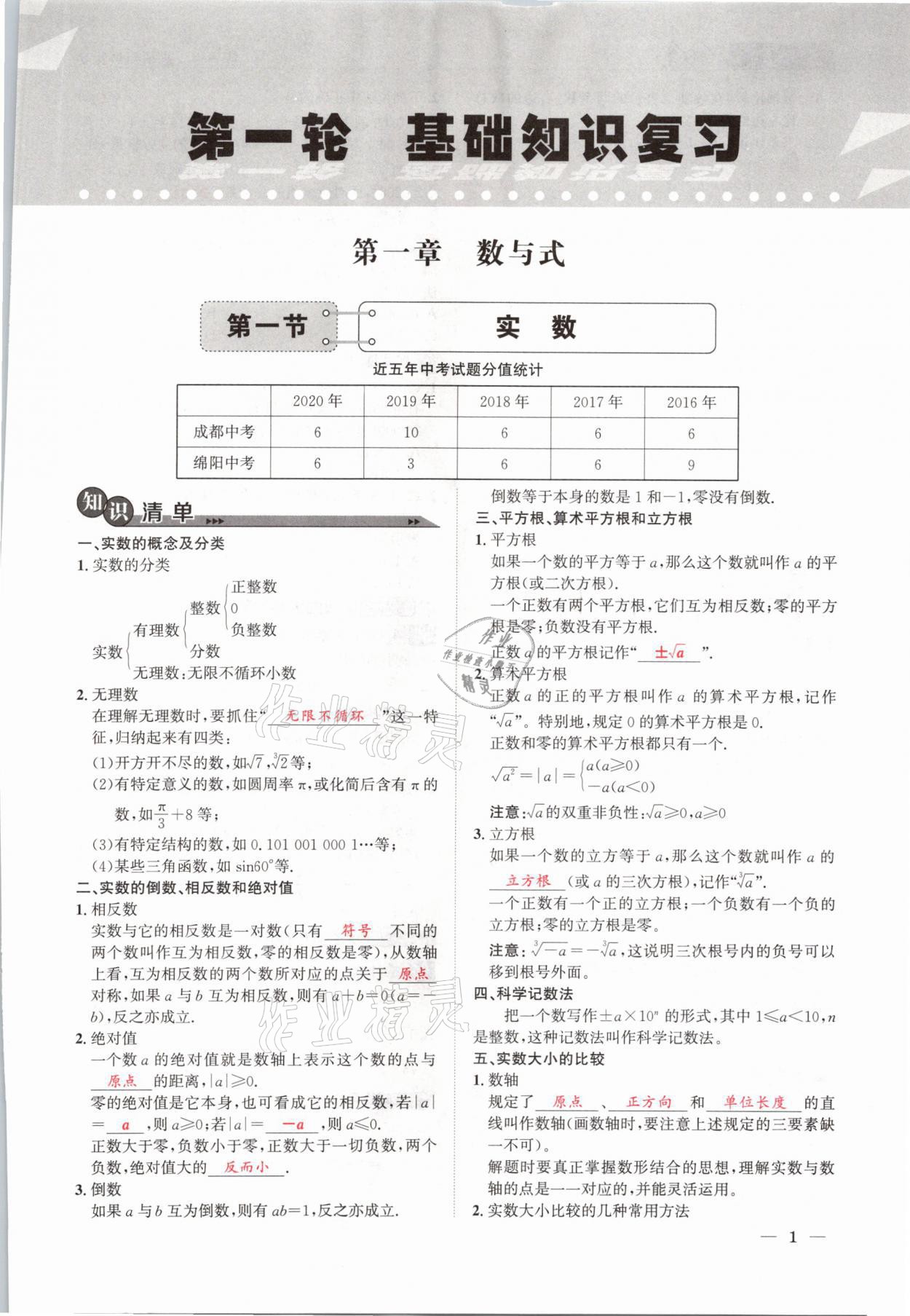 2021年中考1號數學 參考答案第1頁