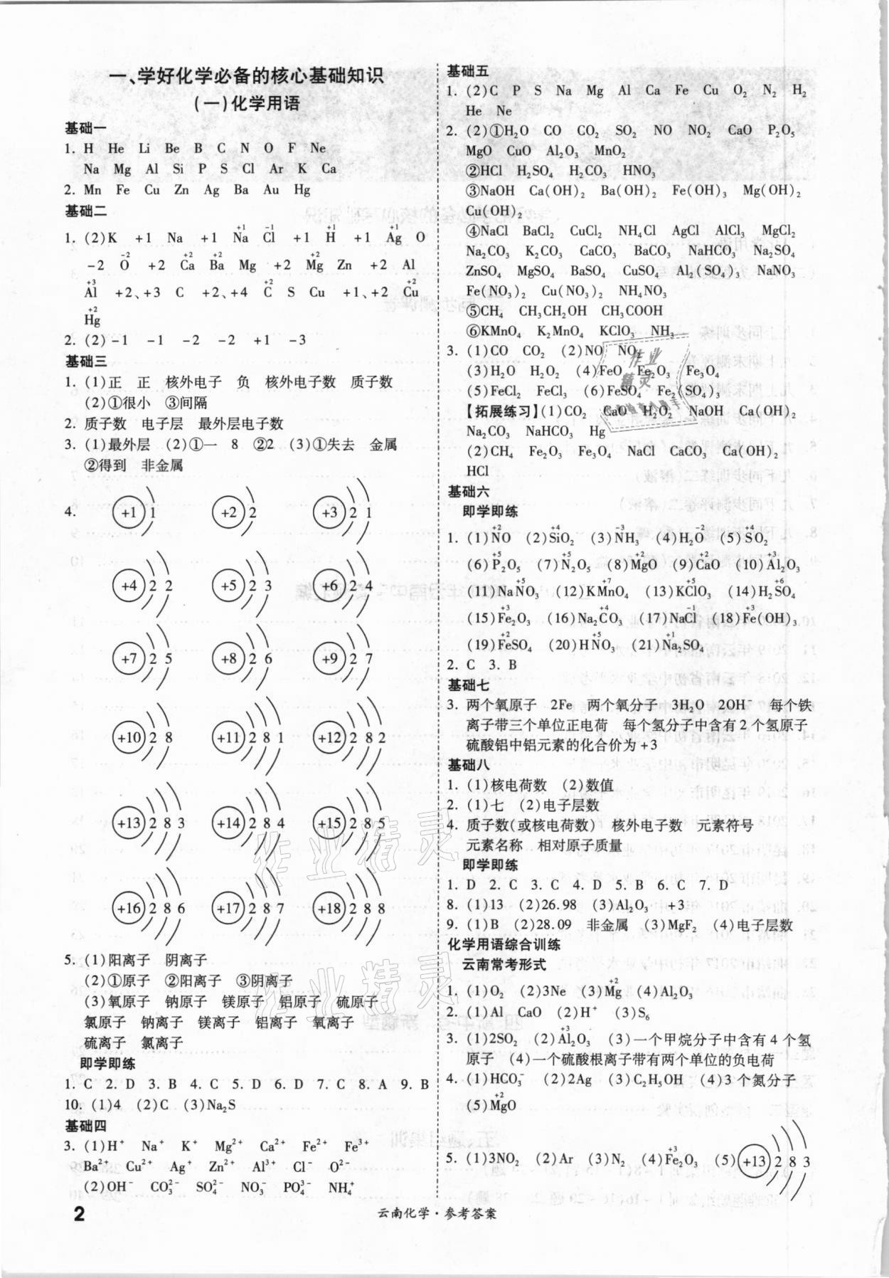 2021年一戰(zhàn)成名中考真題與拓展訓練化學云南專版 參考答案第1頁