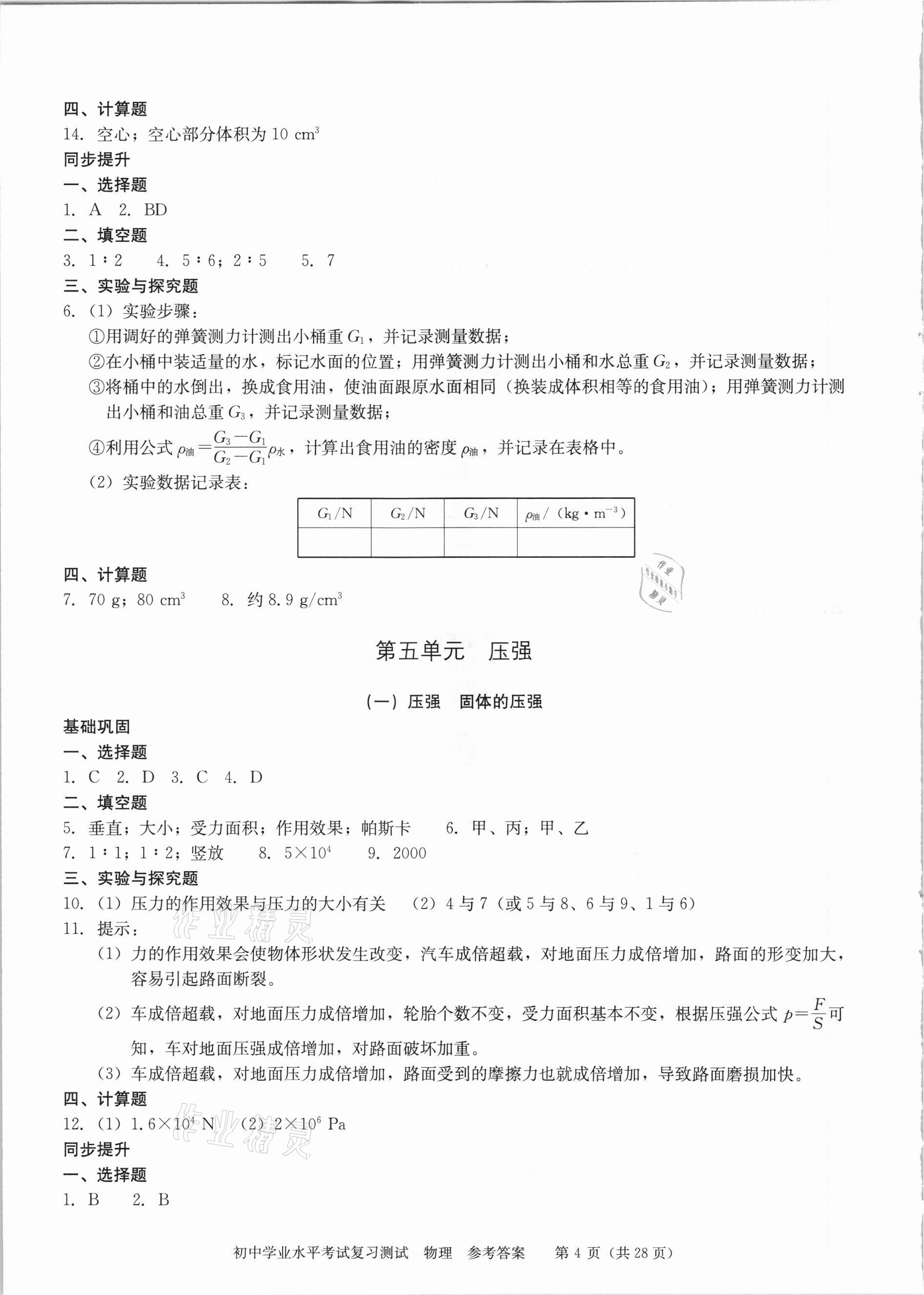 2021年初中学业水平考试复习测试物理&nbsp;参考答案第4页