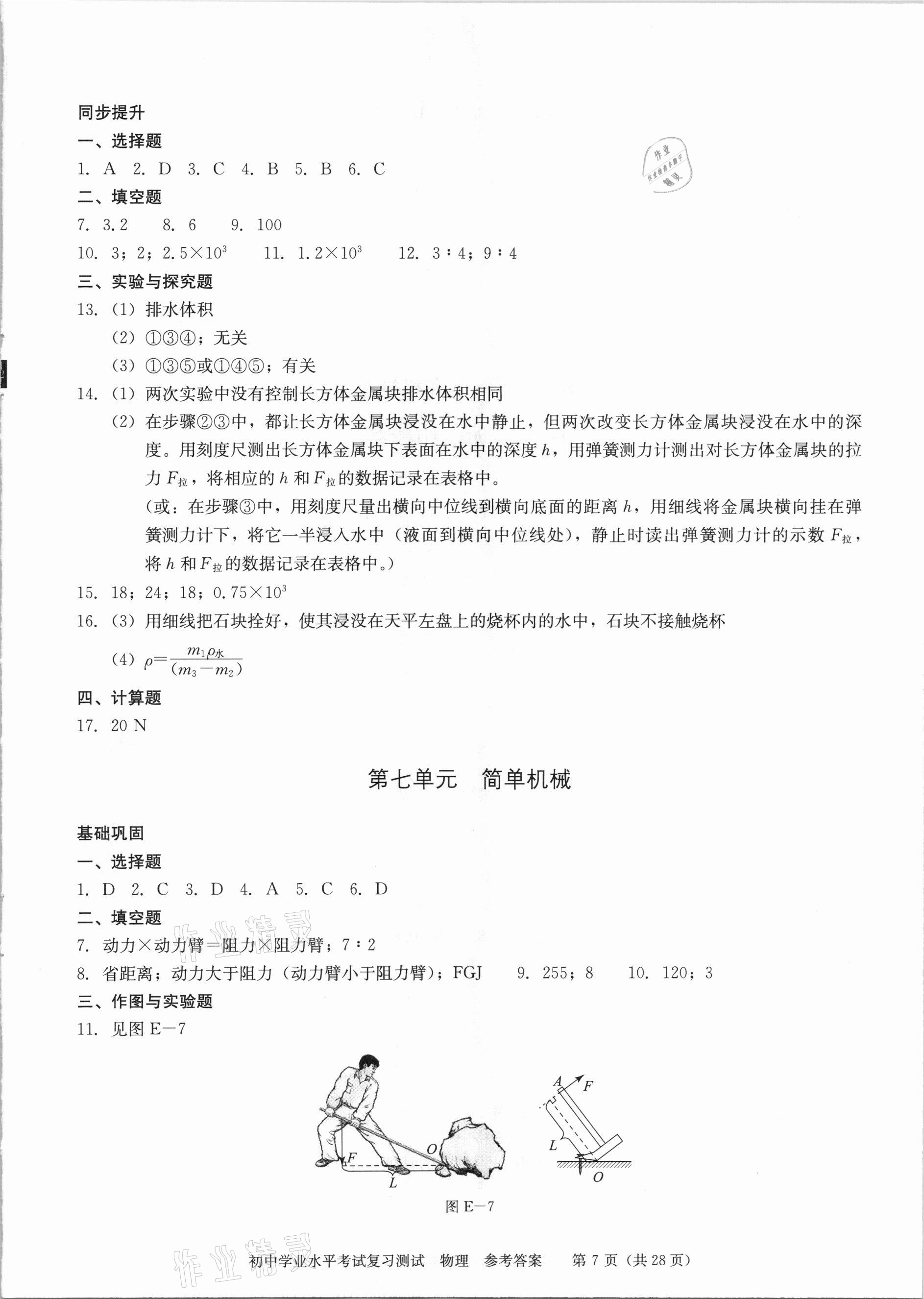 2021年初中学业水平考试复习测试物理&nbsp;参考答案第7页